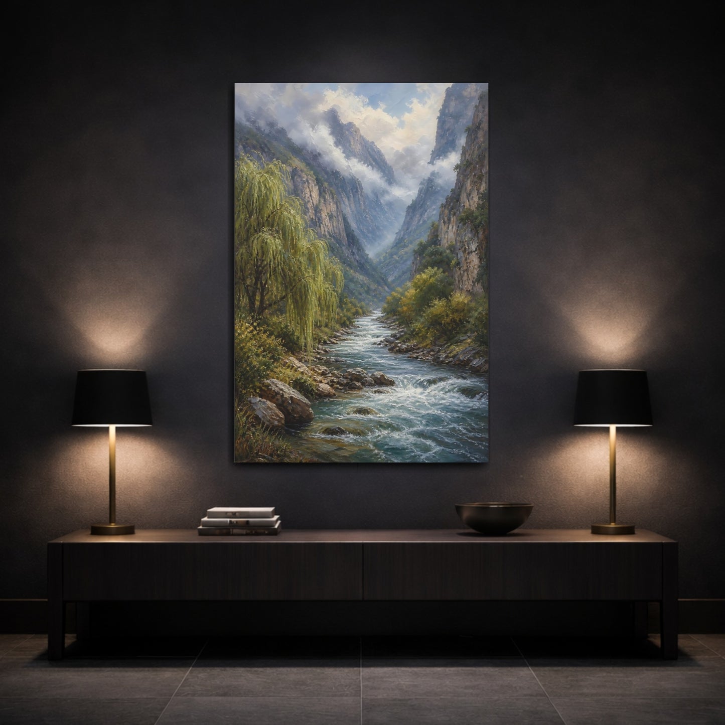 Mockup 3. Nature Mountain River Green Mountain River shown as stretched canvas wall art