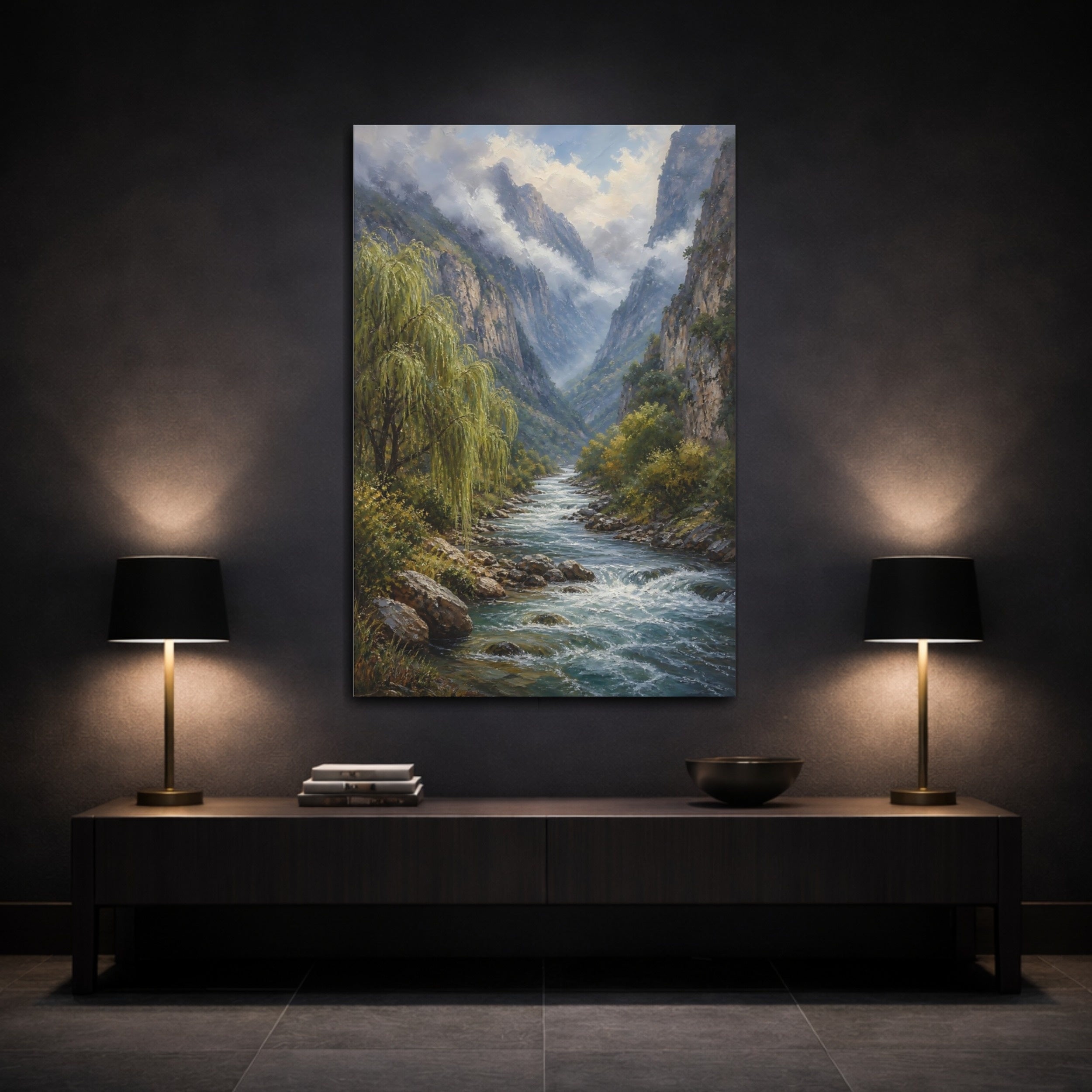 Mockup 3. Nature Mountain River Green Mountain River shown as stretched canvas wall art