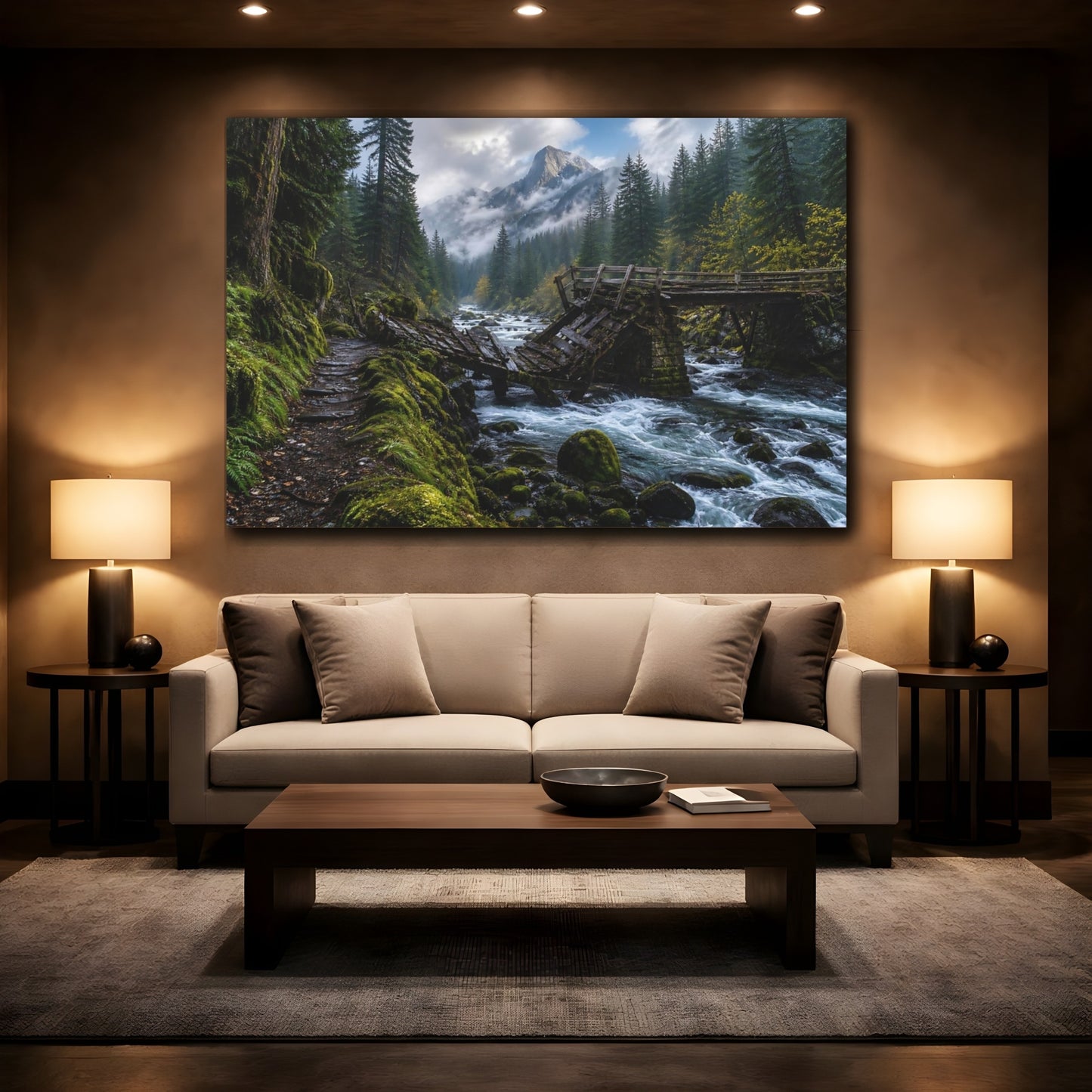 Mockup 2. Nature Mountain River Lush Mountain River shown as stretched canvas wall art