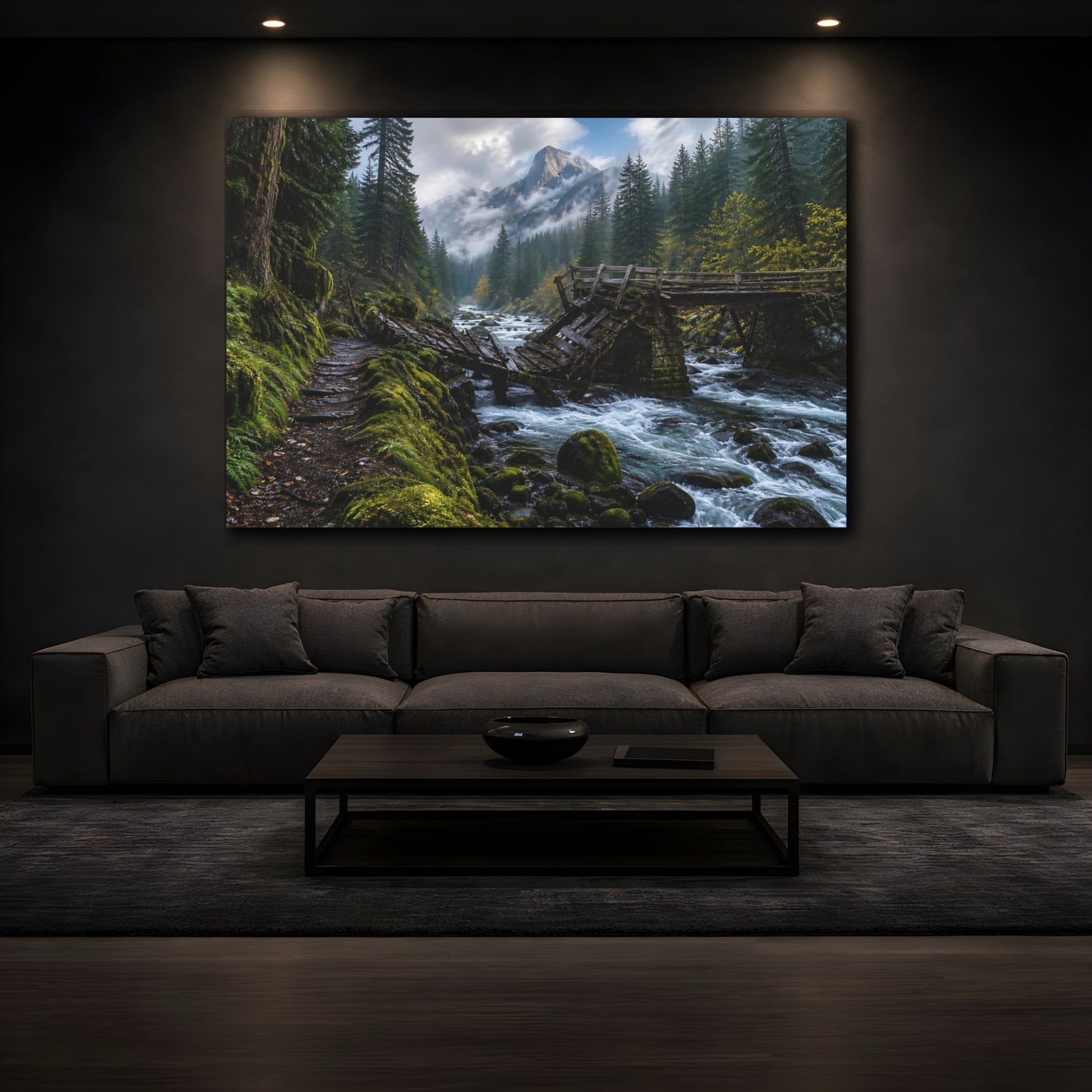 Mockup 3. Nature Mountain River Lush Mountain River shown as stretched canvas wall art