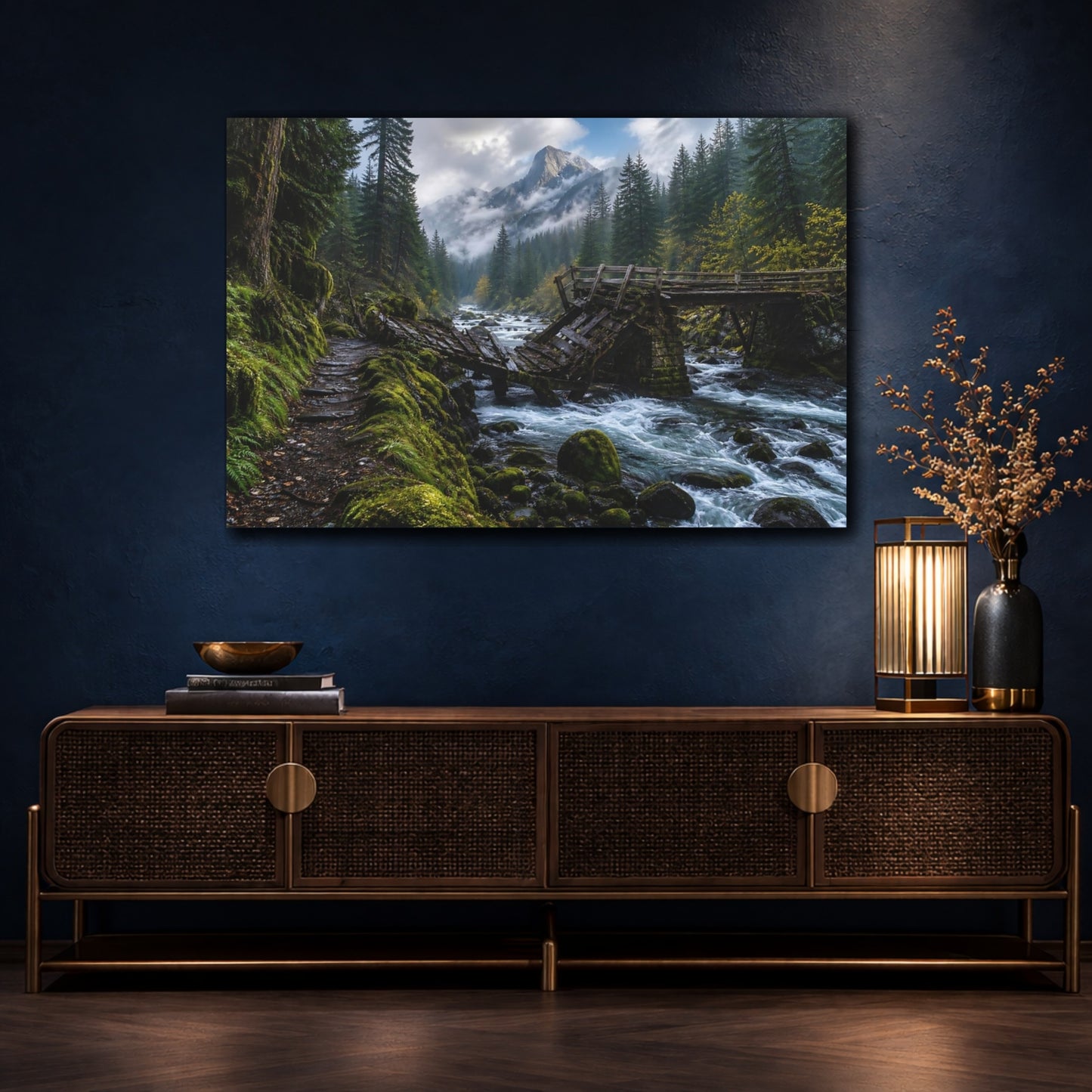 Mockup 4. Nature Mountain River Lush Mountain River shown as stretched canvas wall art