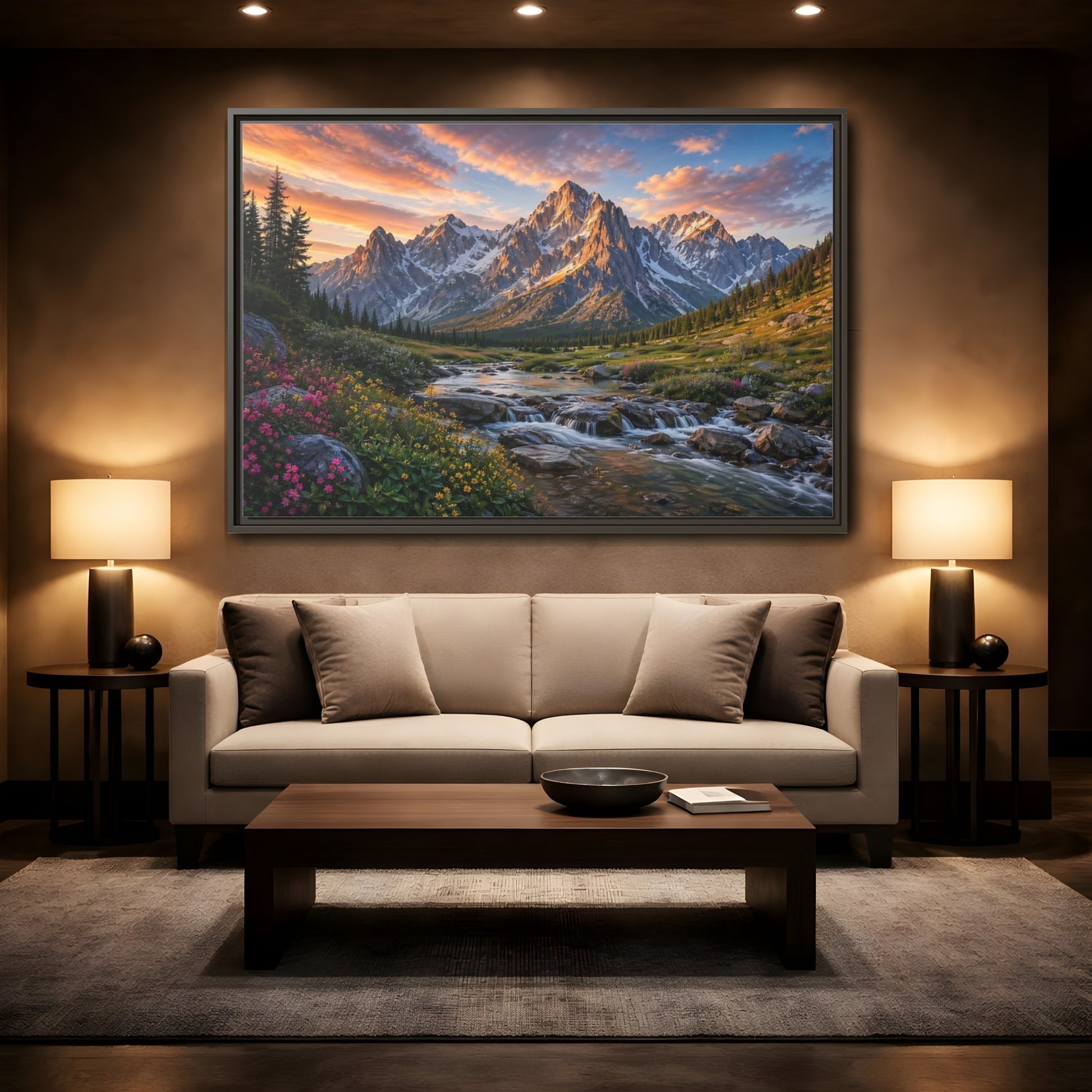 Mockup 2. Nature Mountain River Mountain River Sunset shown as stretched canvas wall art