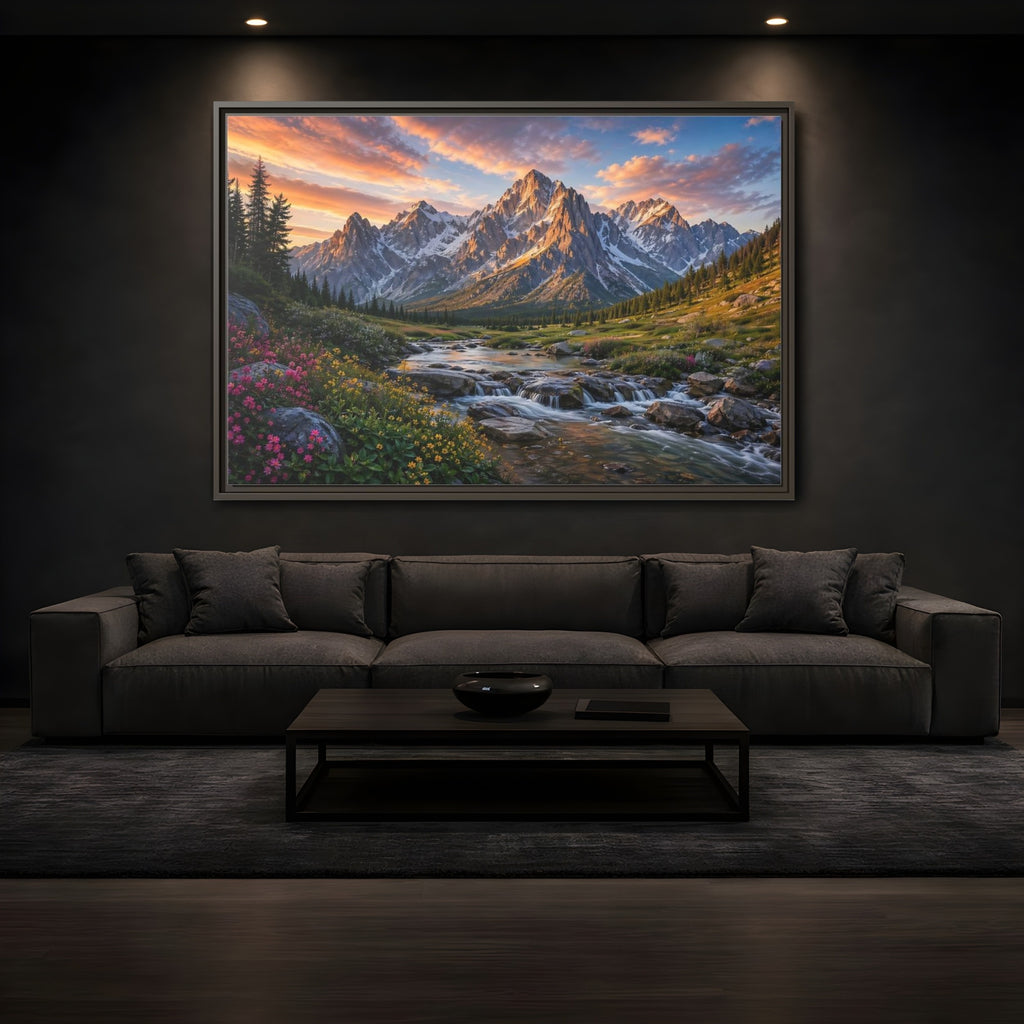 Mockup 3. Nature Mountain River Mountain River Sunset shown as stretched canvas wall art