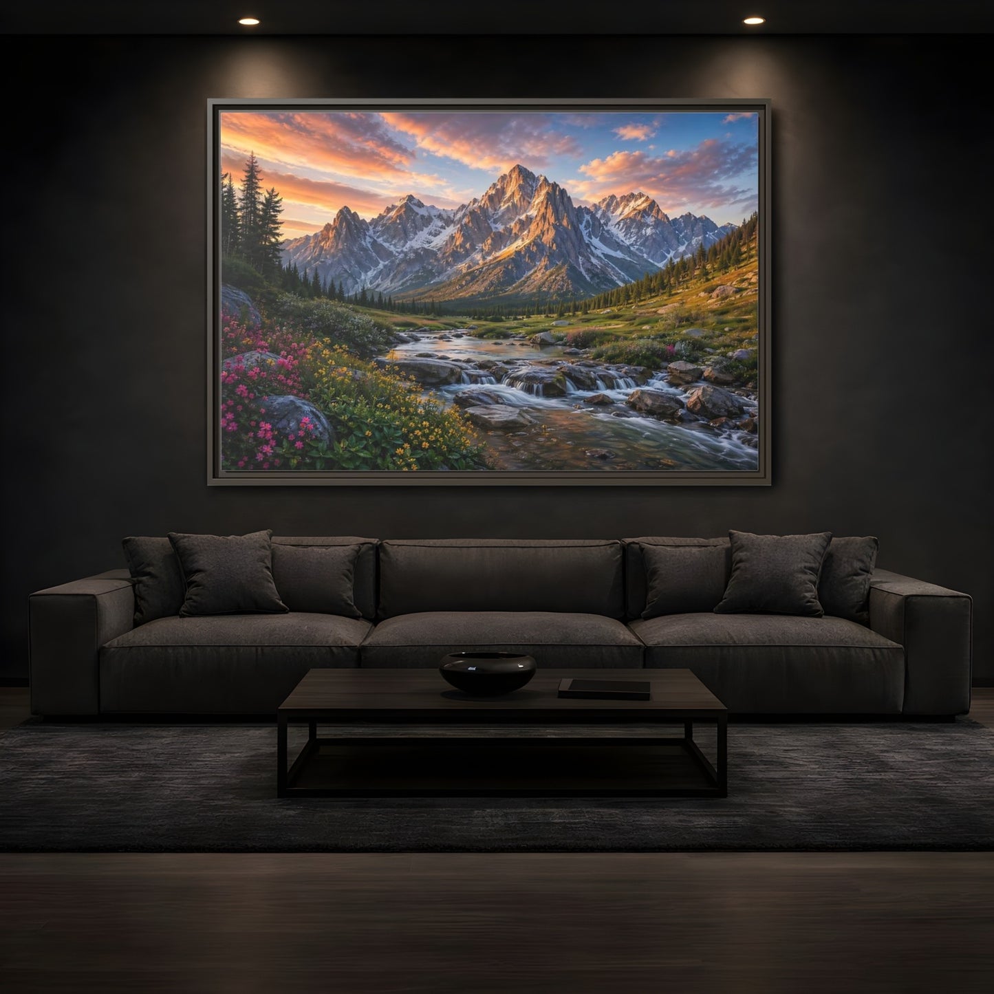 Mockup 3. Nature Mountain River Mountain River Sunset shown as stretched canvas wall art