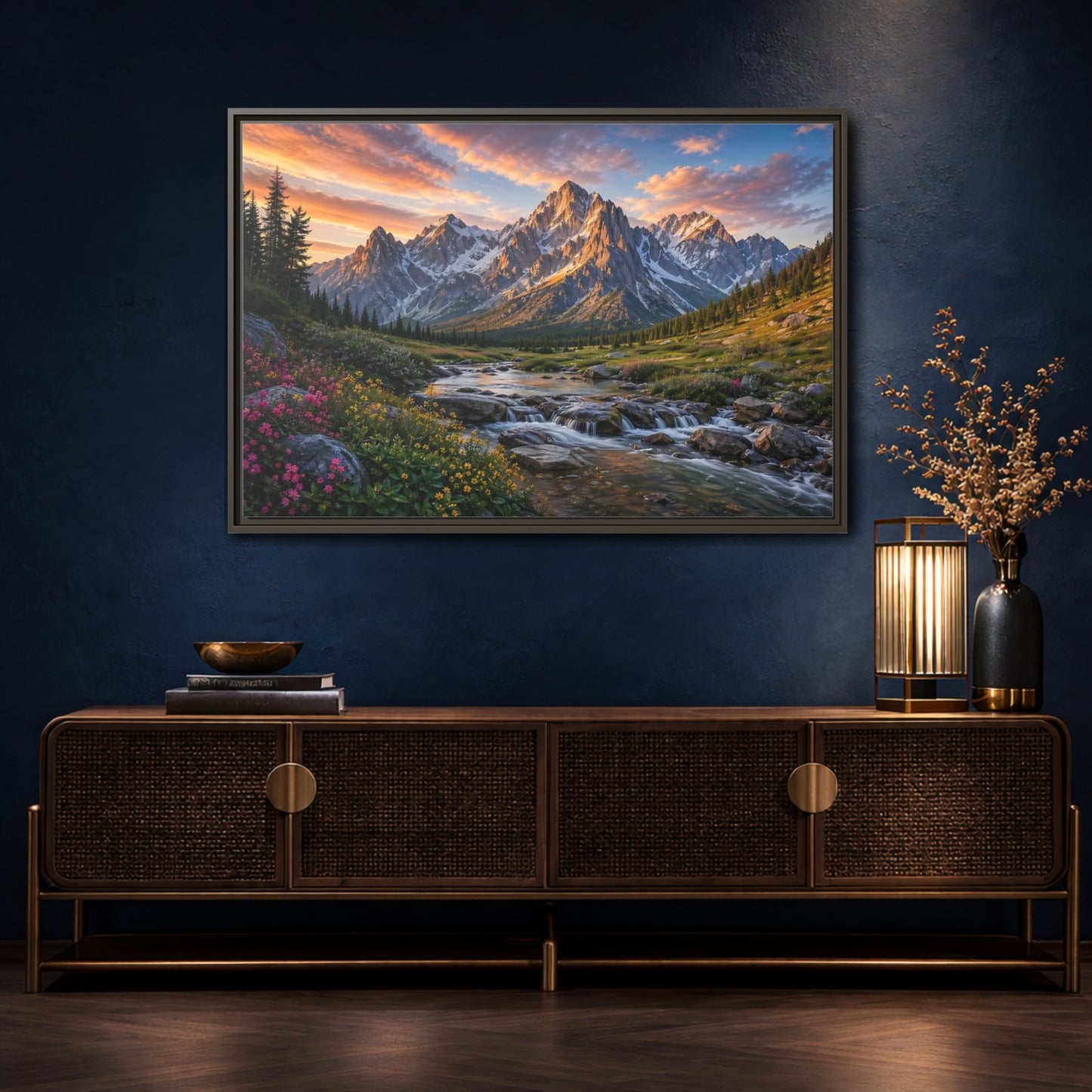 Mockup 4. Nature Mountain River Mountain River Sunset shown as stretched canvas wall art