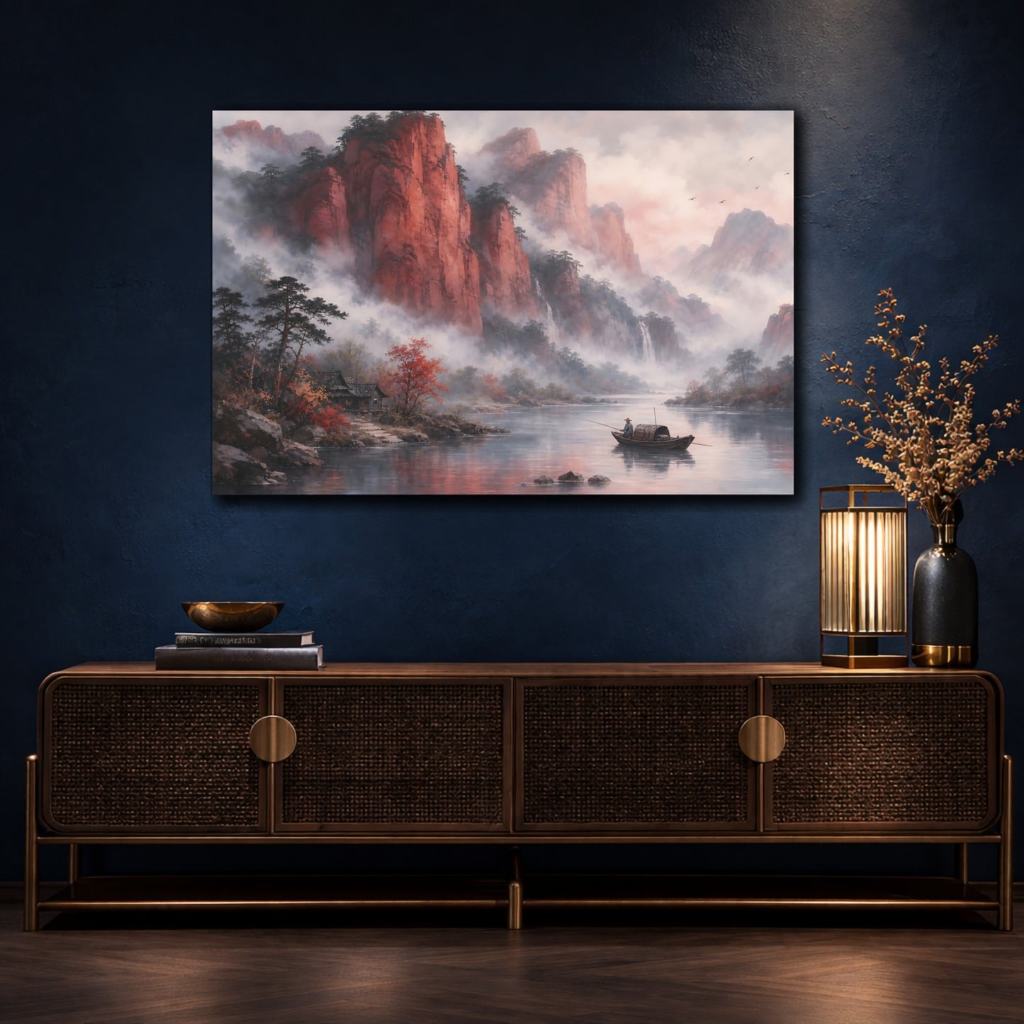 Mockup 4. Nature Mountain River Red Mountain River shown as stretched canvas wall art