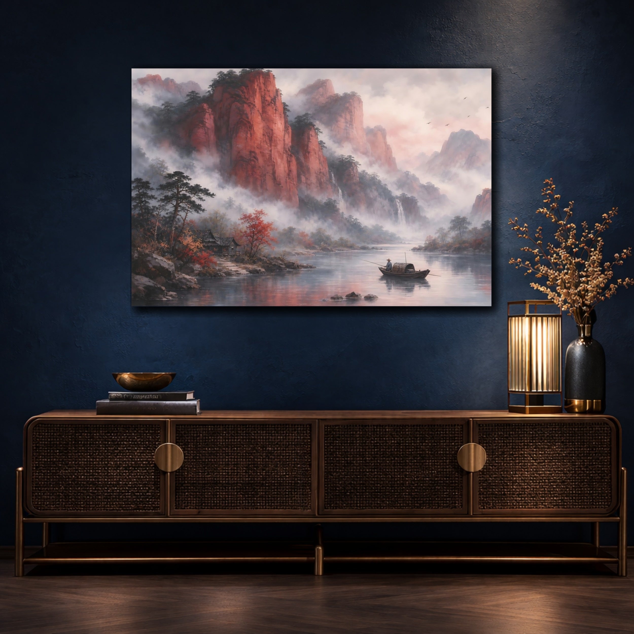 Mockup 4. Nature Mountain River Red Mountain River shown as stretched canvas wall art