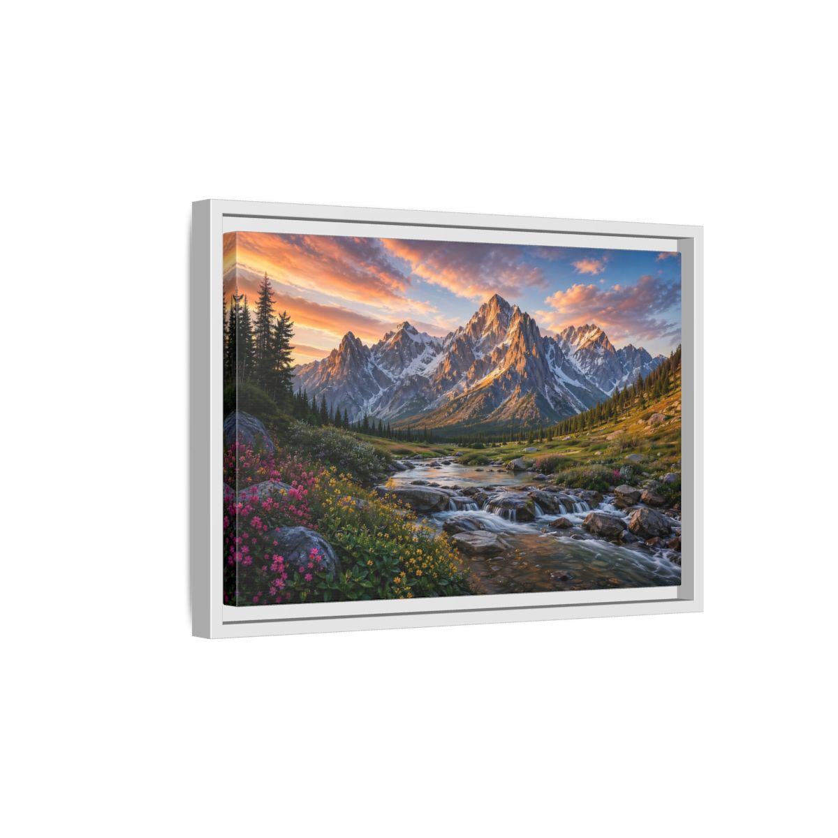 Side Mockup 4. Nature Mountain River Mountain River Sunset shown as stretched canvas wall art