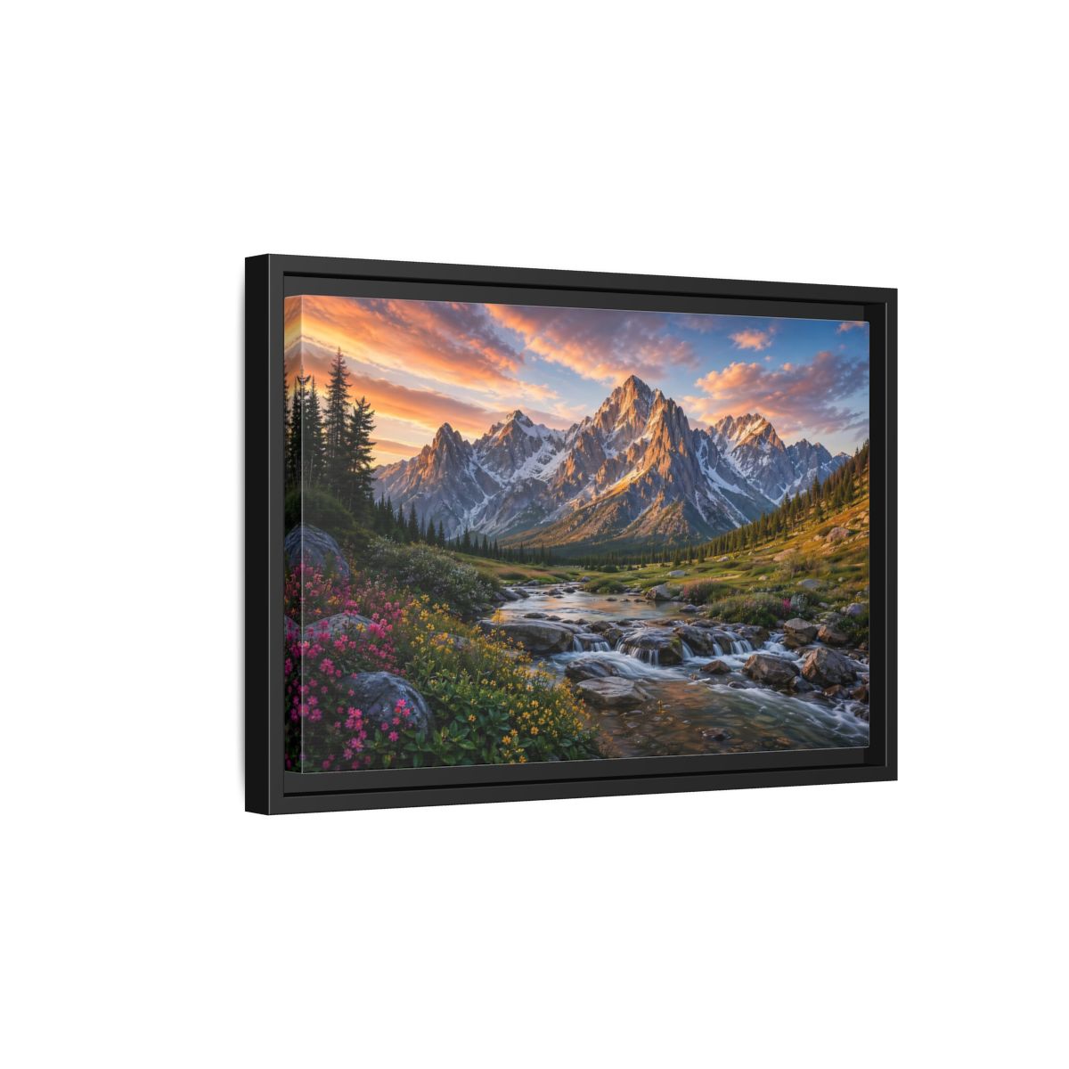Side Mockup 6. Nature Mountain River Mountain River Sunset shown as stretched canvas wall art