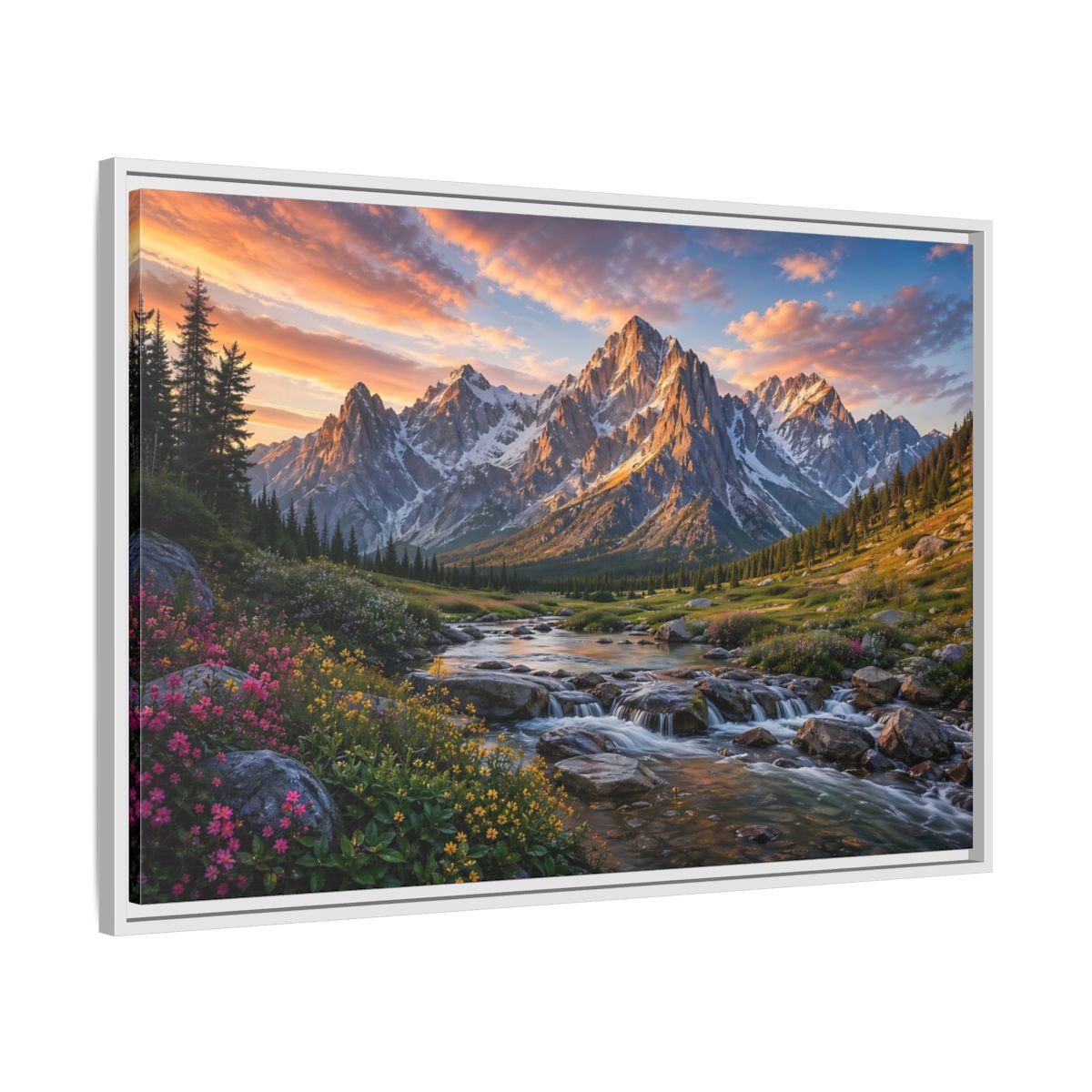 Side Mockup 9. Nature Mountain River Mountain River Sunset shown as stretched canvas wall art