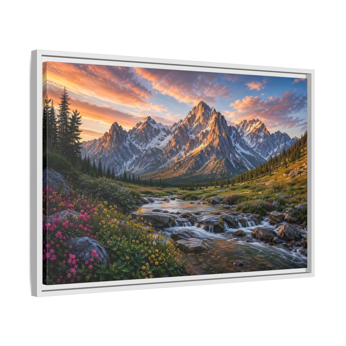 Side Mockup 10. Nature Mountain River Mountain River Sunset shown as stretched canvas wall art