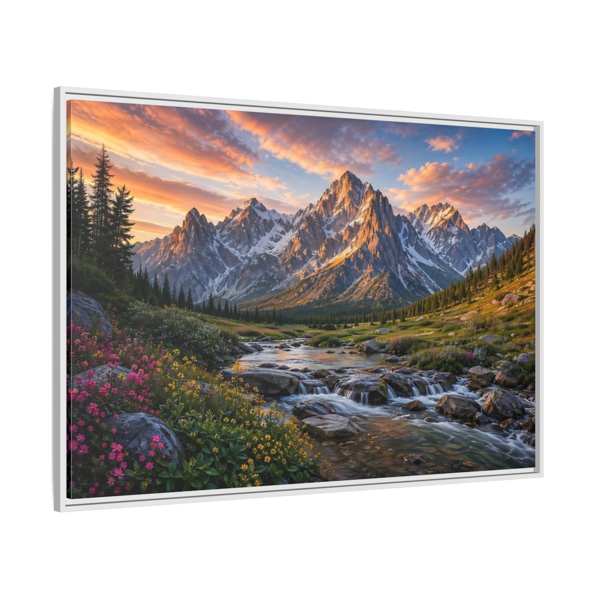 Side Mockup 7. Nature Mountain River Mountain River Sunset shown as stretched canvas wall art