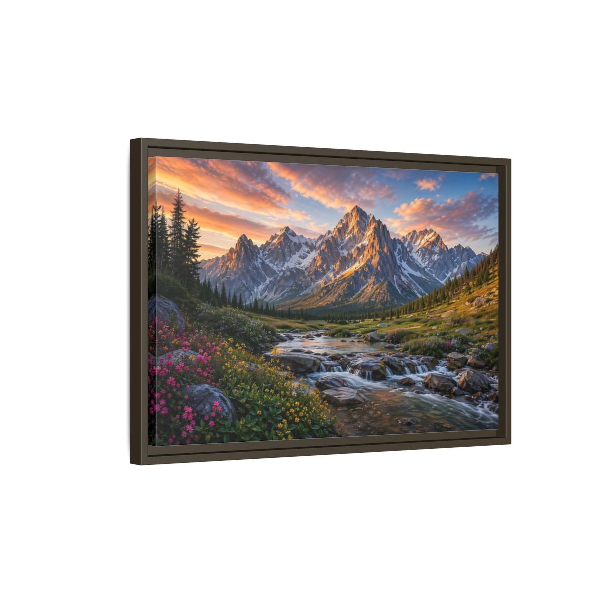 Side Mockup 2. Nature Mountain River Mountain River Sunset shown as stretched canvas wall art