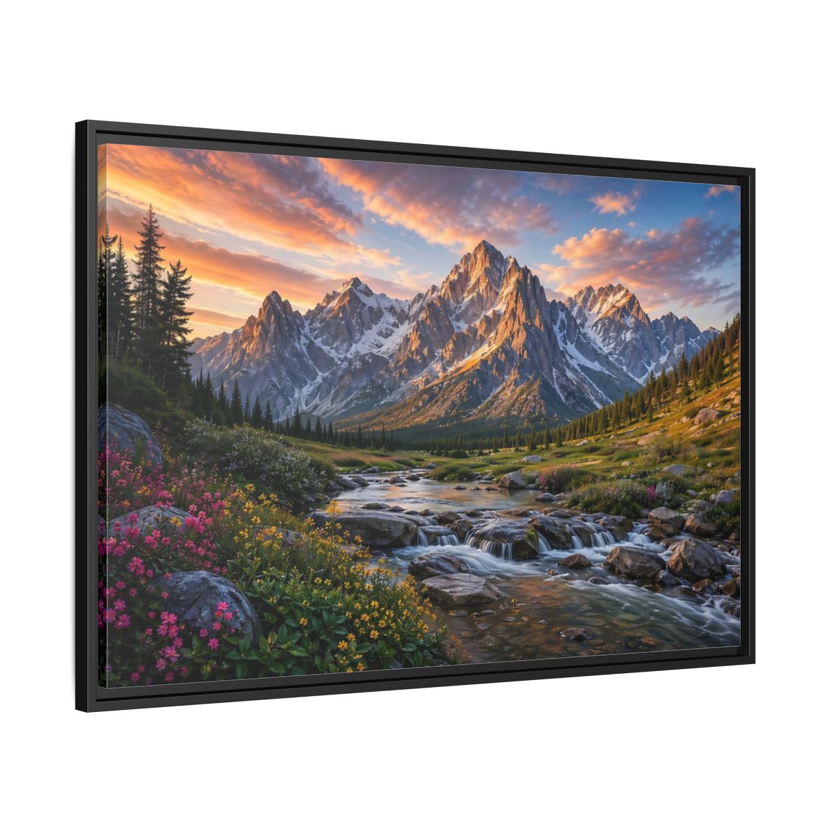Side Mockup 13. Nature Mountain River Mountain River Sunset shown as stretched canvas wall art
