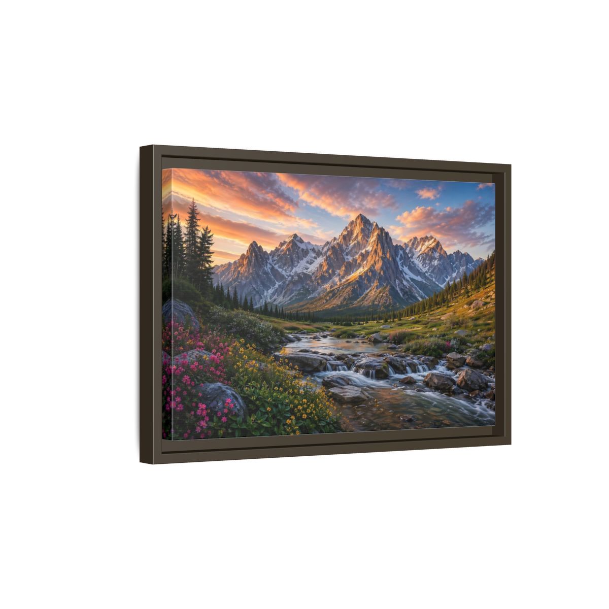 Side Mockup 5. Nature Mountain River Mountain River Sunset shown as stretched canvas wall art