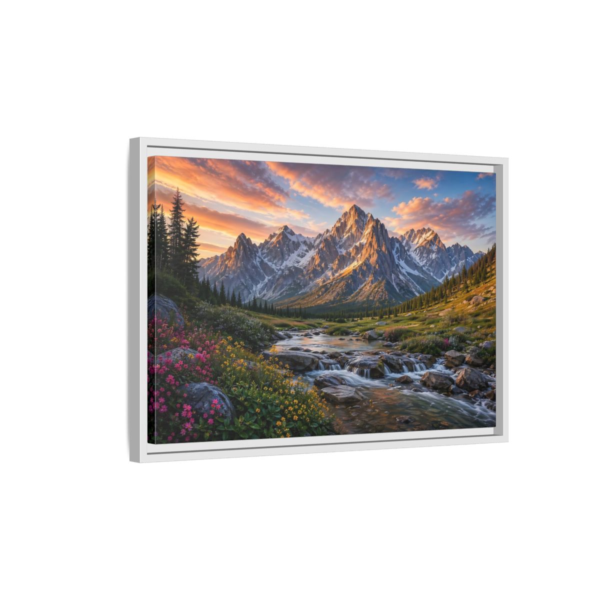 Side Mockup 1. Nature Mountain River Mountain River Sunset shown as stretched canvas wall art