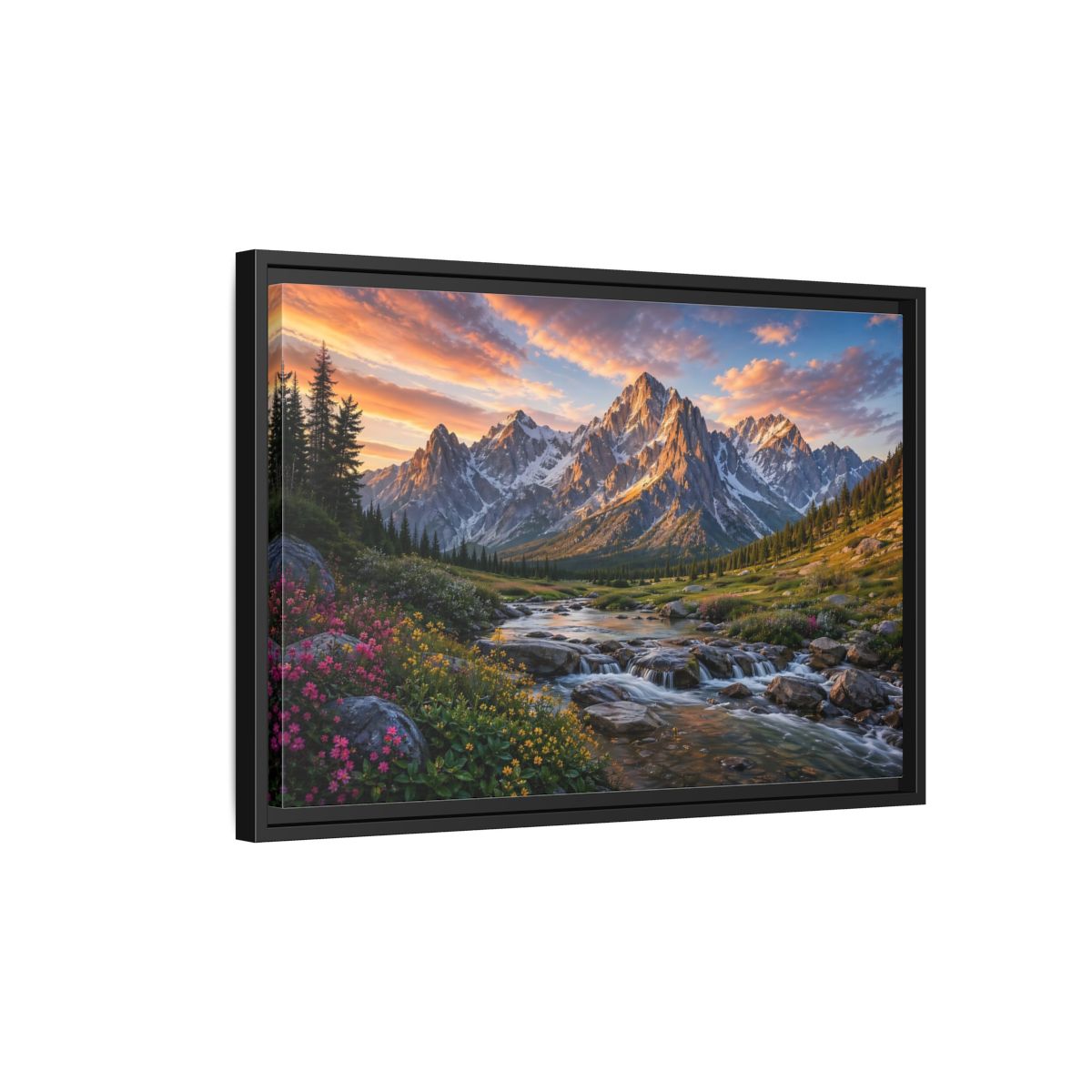 Side Mockup 3. Nature Mountain River Mountain River Sunset shown as stretched canvas wall art