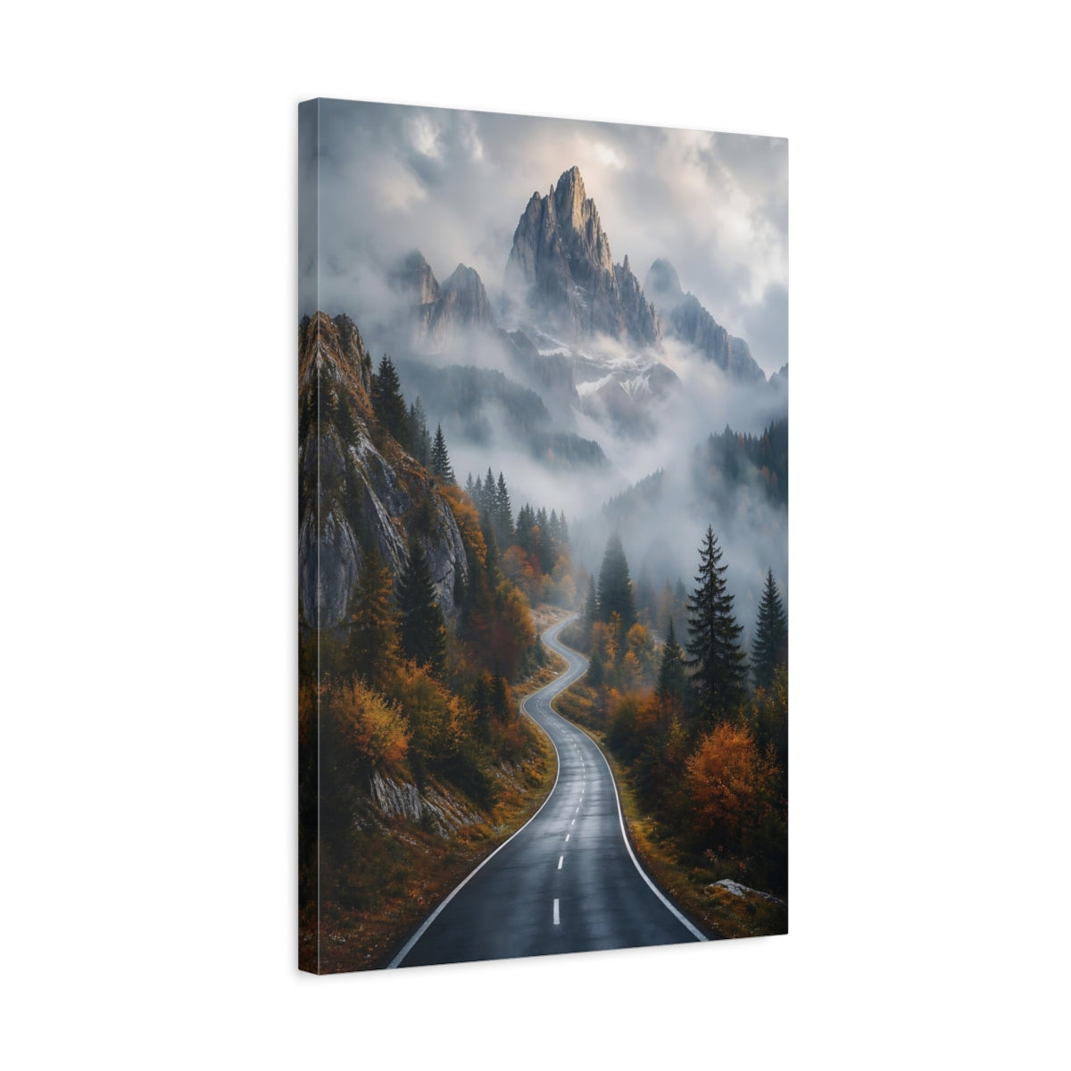 Side Mockup 3. Nature Mountain Road Mountain Road Autumn shown as stretched canvas wall art
