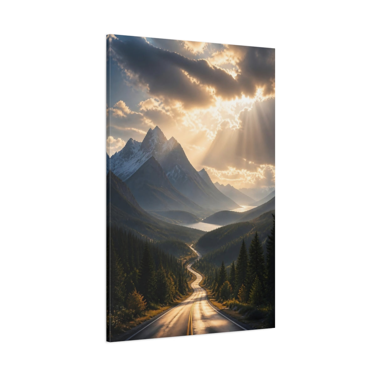 Side Mockup 1. Nature Mountain Road Golden Mountain Road shown as stretched canvas wall art
