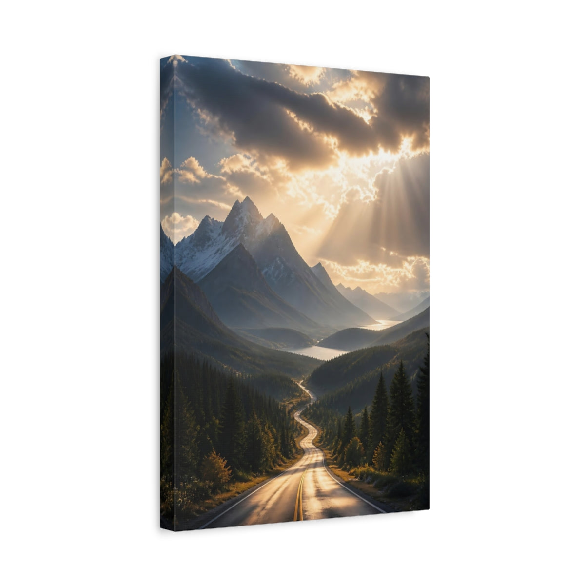 Side Mockup 4. Nature Mountain Road Golden Mountain Road shown as stretched canvas wall art