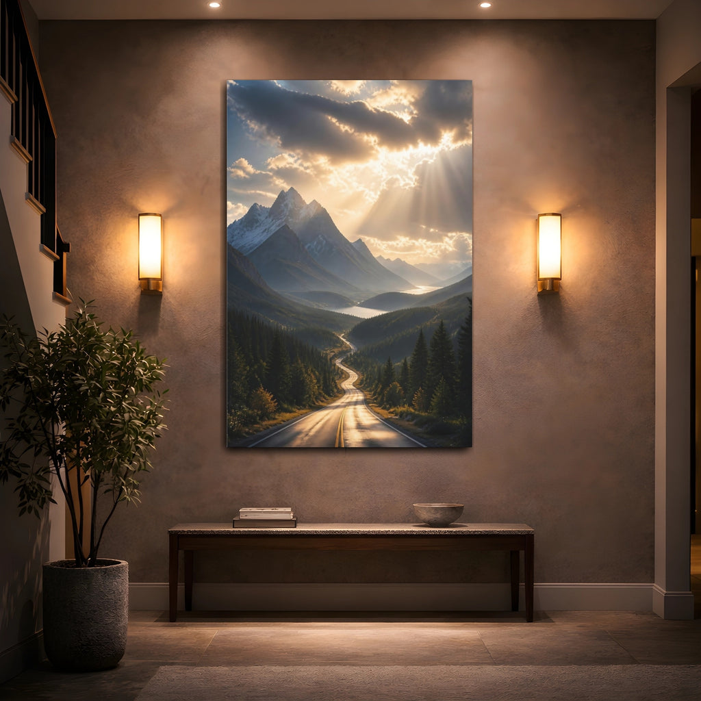 Mockup 2. Nature Mountain Road Golden Mountain Road shown as stretched canvas wall art