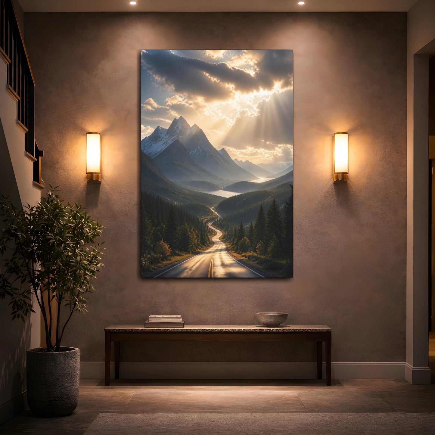 Mockup 2. Nature Mountain Road Golden Mountain Road shown as stretched canvas wall art