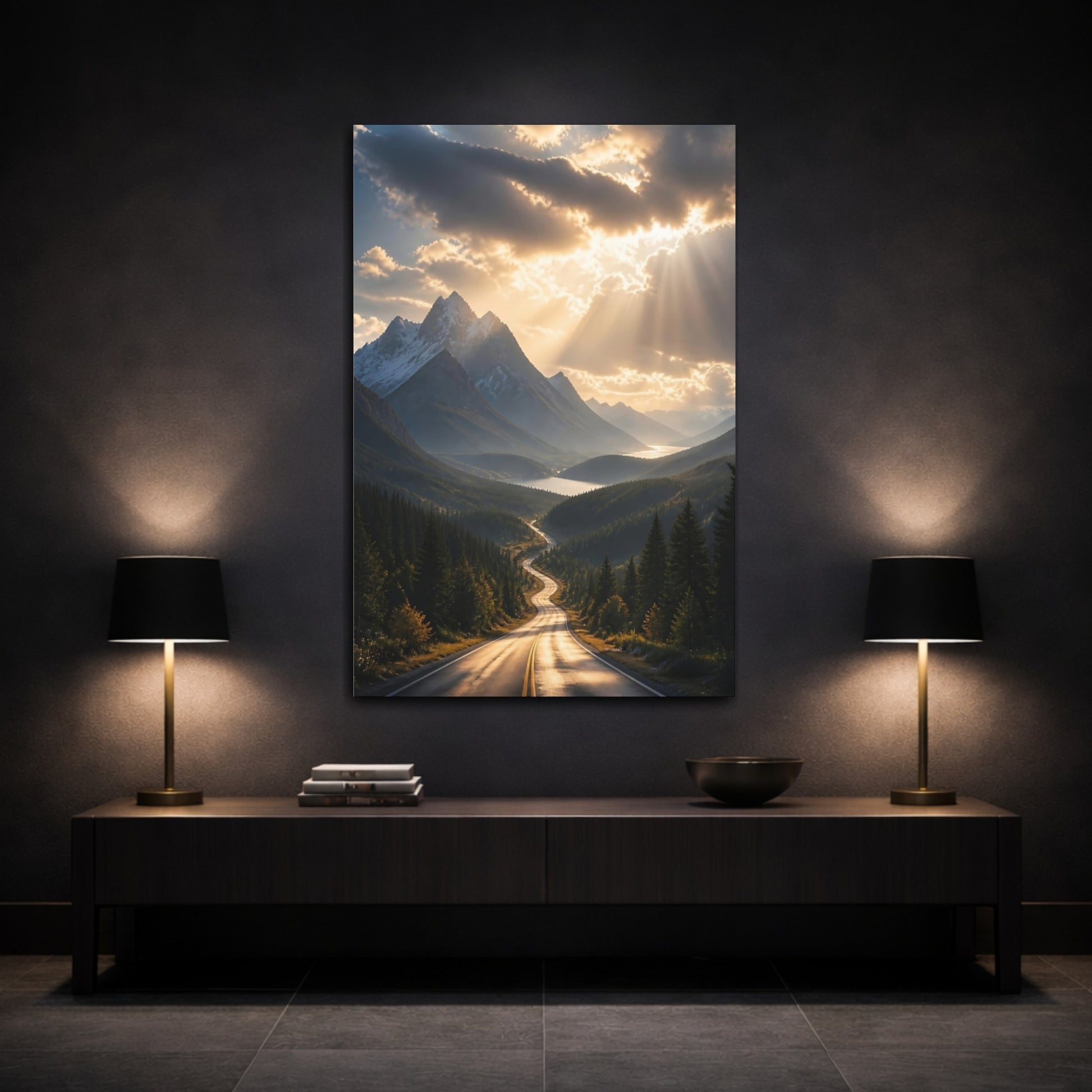 Mockup 3. Nature Mountain Road Golden Mountain Road shown as stretched canvas wall art