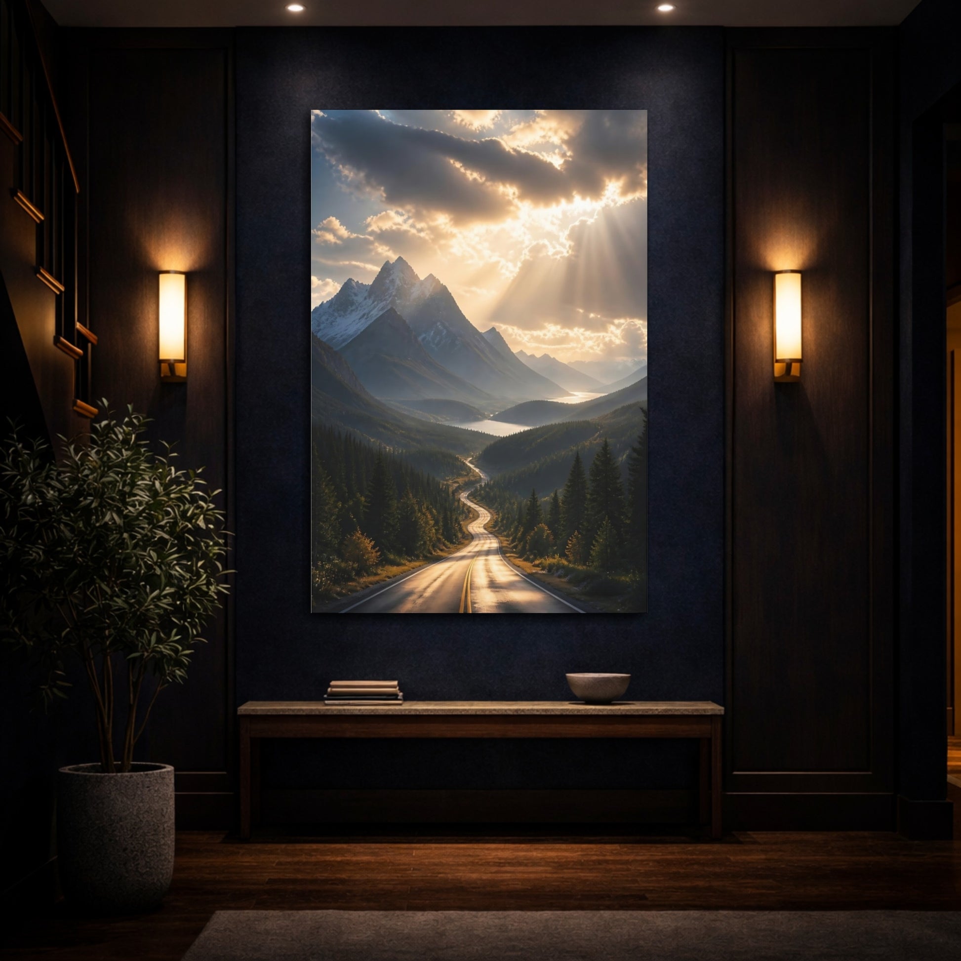 Mockup 4. Nature Mountain Road Golden Mountain Road shown as stretched canvas wall art