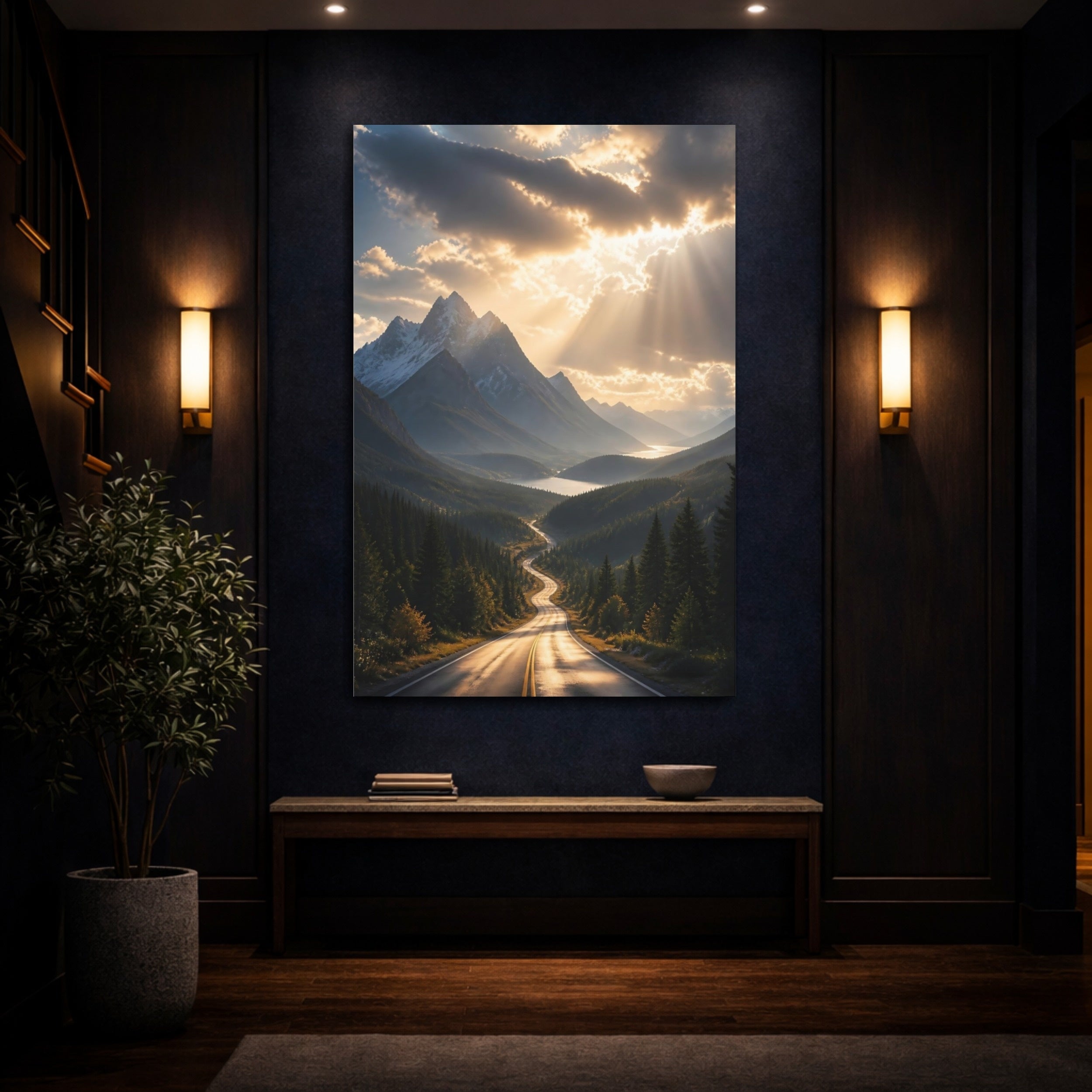 Mockup 4. Nature Mountain Road Golden Mountain Road shown as stretched canvas wall art