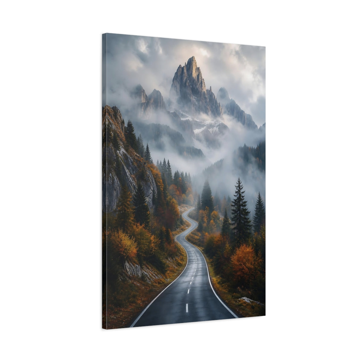 Main Mockup. Nature Mountain Road Mountain Road Autumn shown as stretched canvas wall art