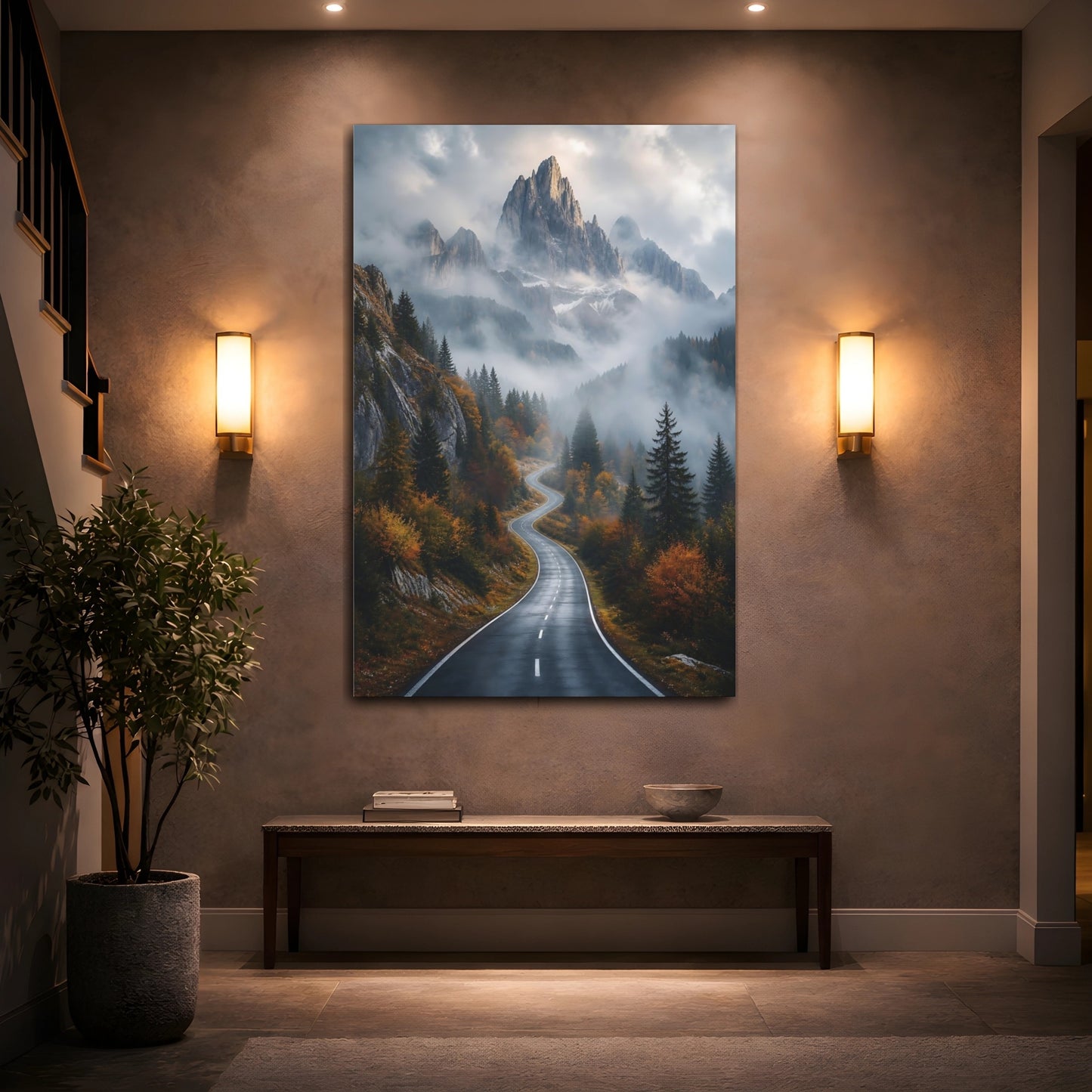 Mockup 2. Nature Mountain Road Mountain Road Autumn shown as stretched canvas wall art