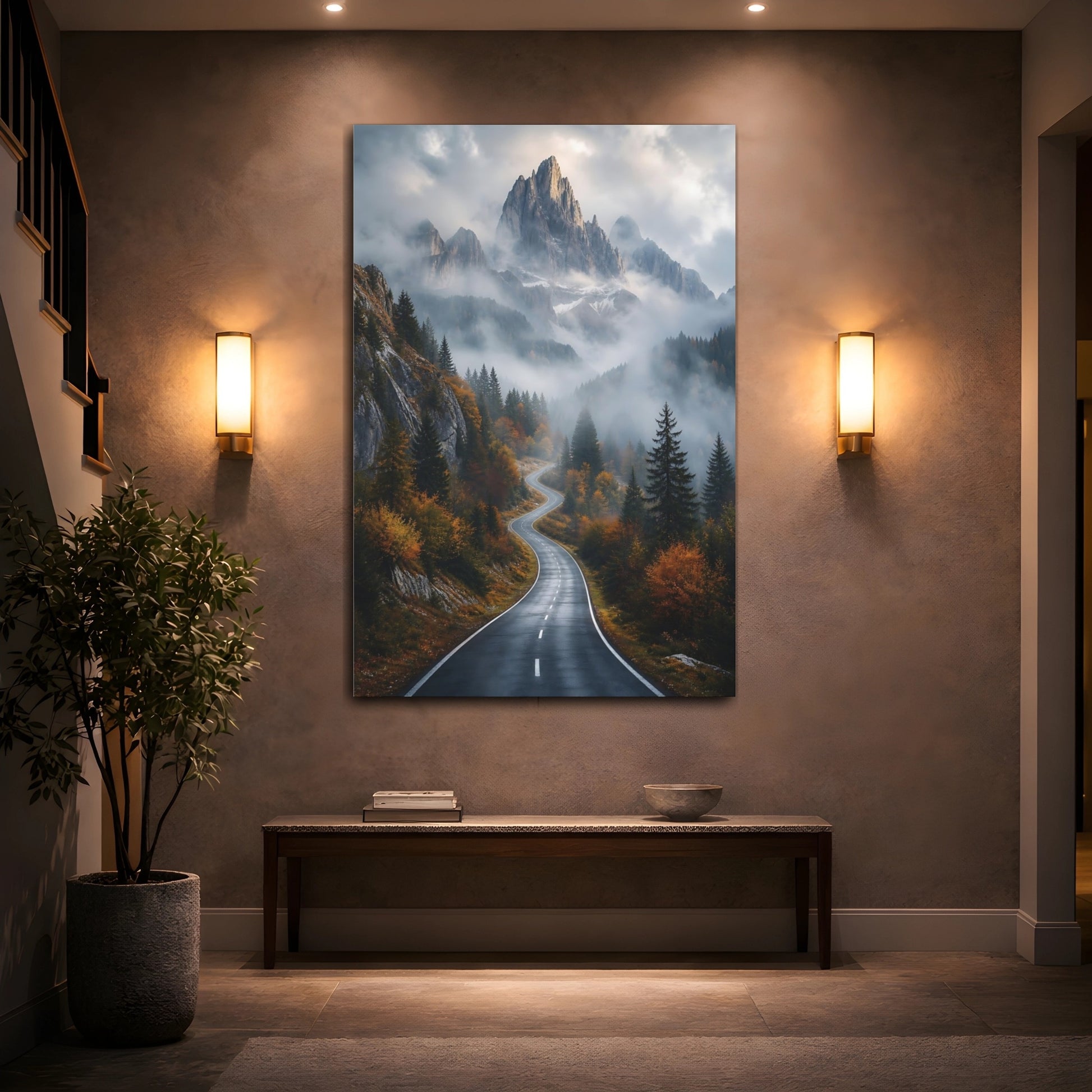 Mockup 2. Nature Mountain Road Mountain Road Autumn shown as stretched canvas wall art