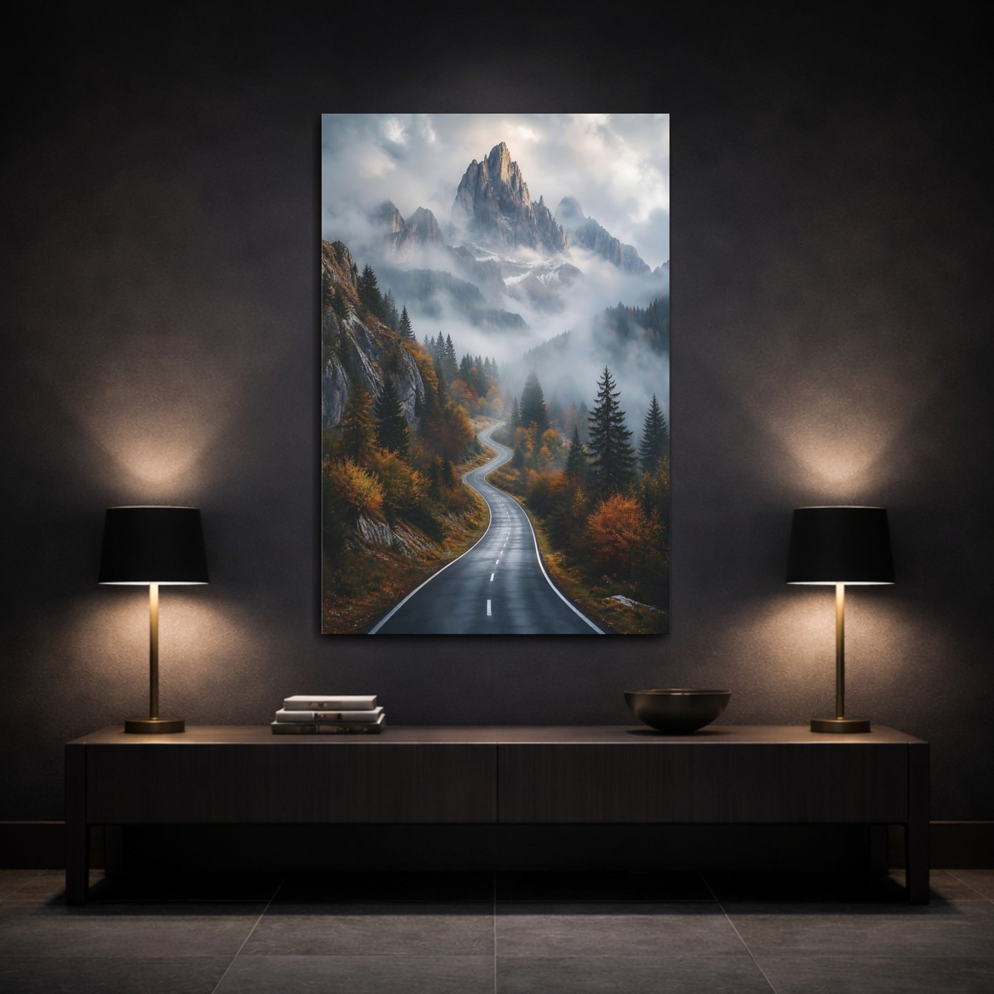 Mockup 3. Nature Mountain Road Mountain Road Autumn shown as stretched canvas wall art