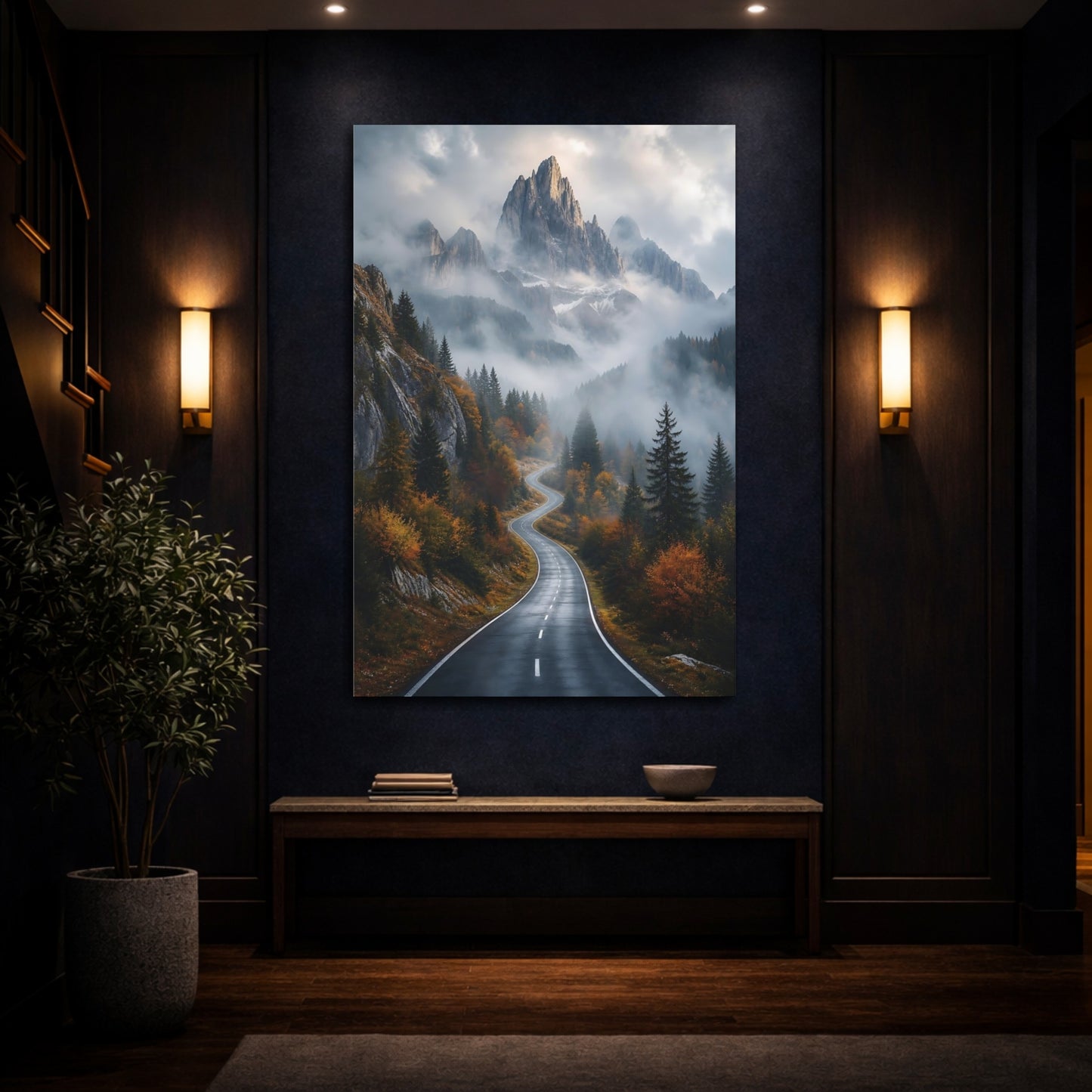 Mockup 4. Nature Mountain Road Mountain Road Autumn shown as stretched canvas wall art