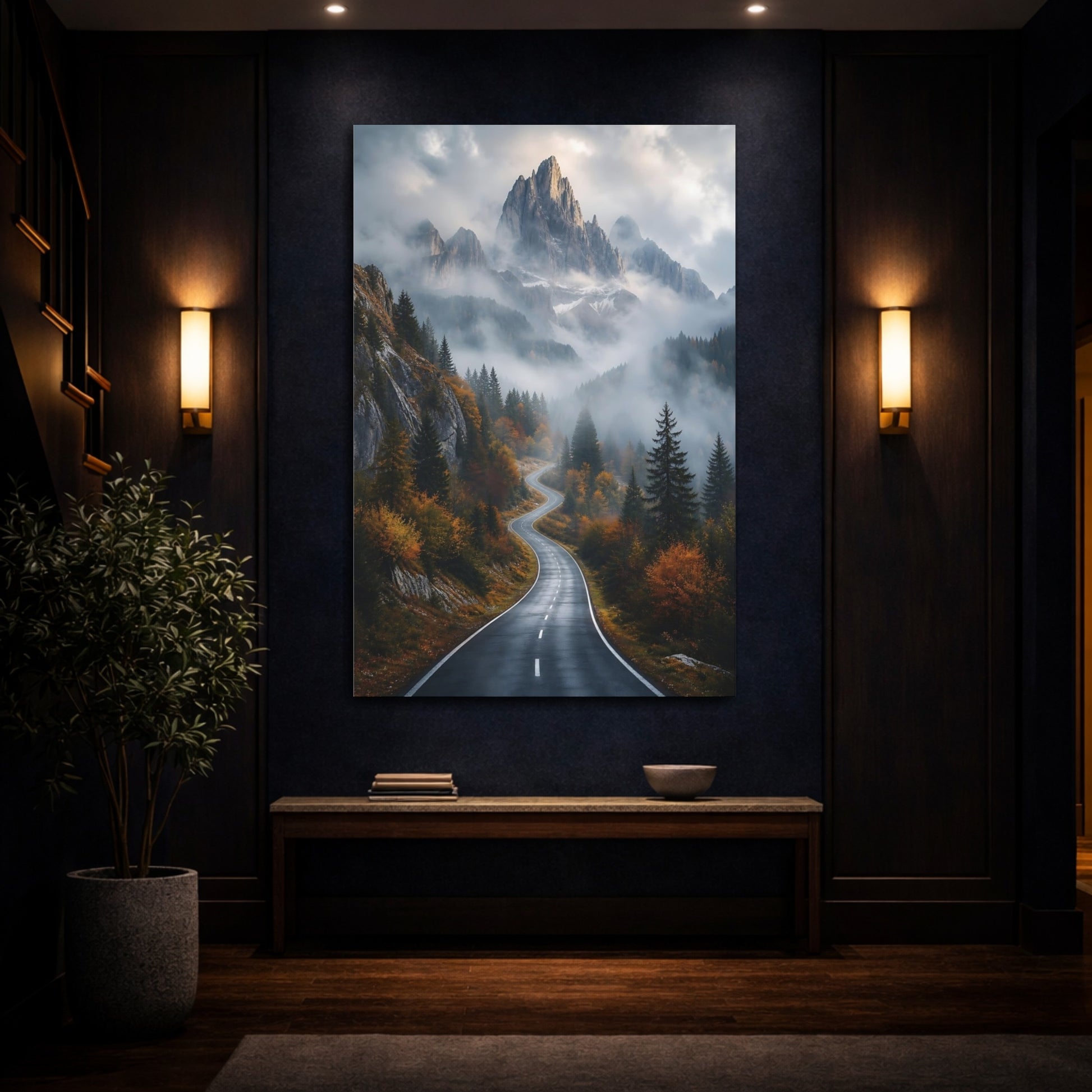 Mockup 4. Nature Mountain Road Mountain Road Autumn shown as stretched canvas wall art