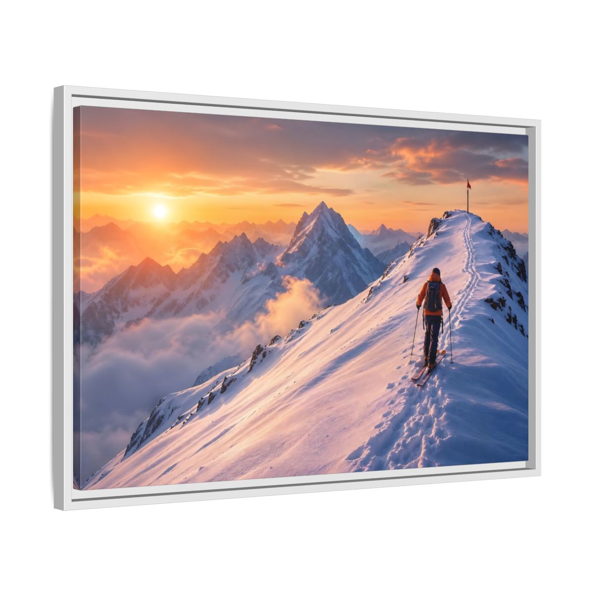 Side Mockup 10. Nature Mountain Skier Orange And White Mountains shown as framed canvas print