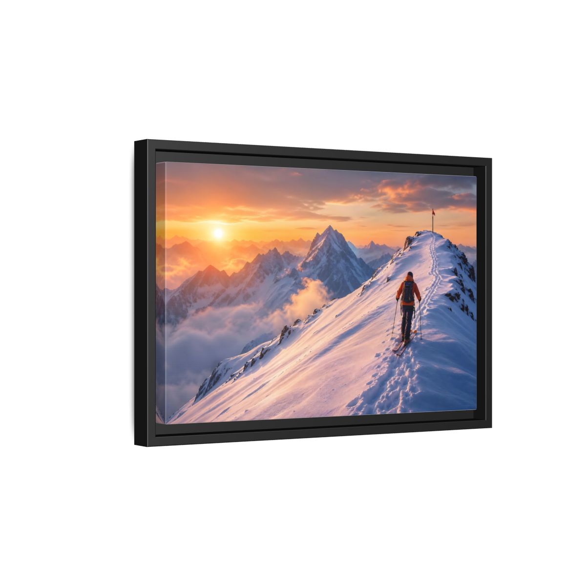 Side Mockup 6. Nature Mountain Skier Orange And White Mountains shown as framed canvas print