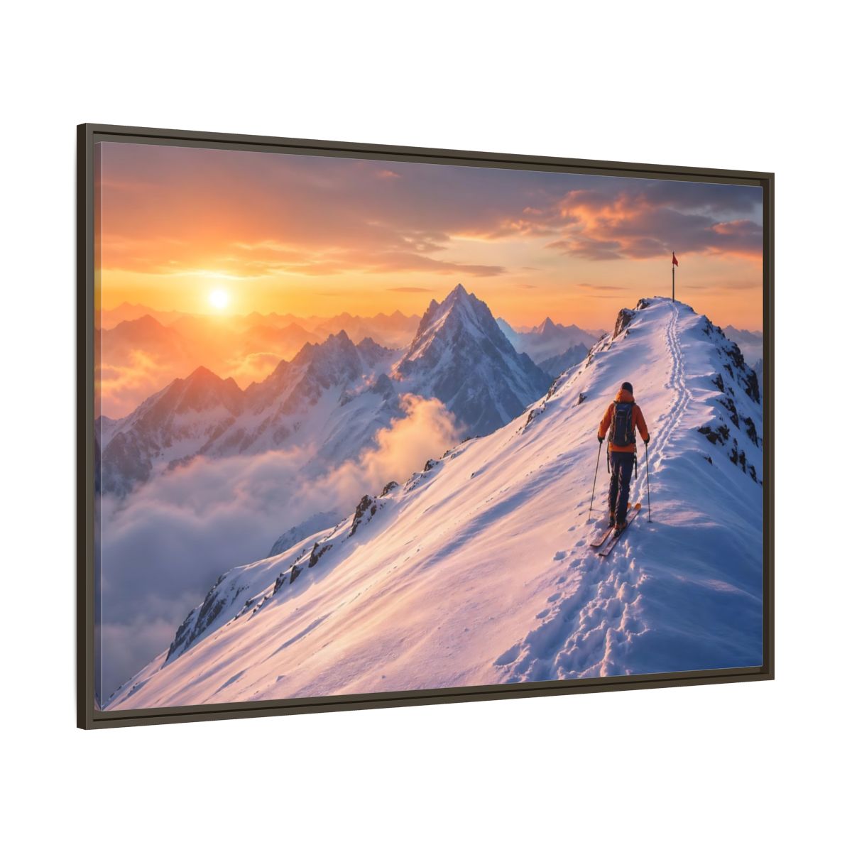 Side Mockup 8. Nature Mountain Skier Orange And White Mountains shown as framed canvas print