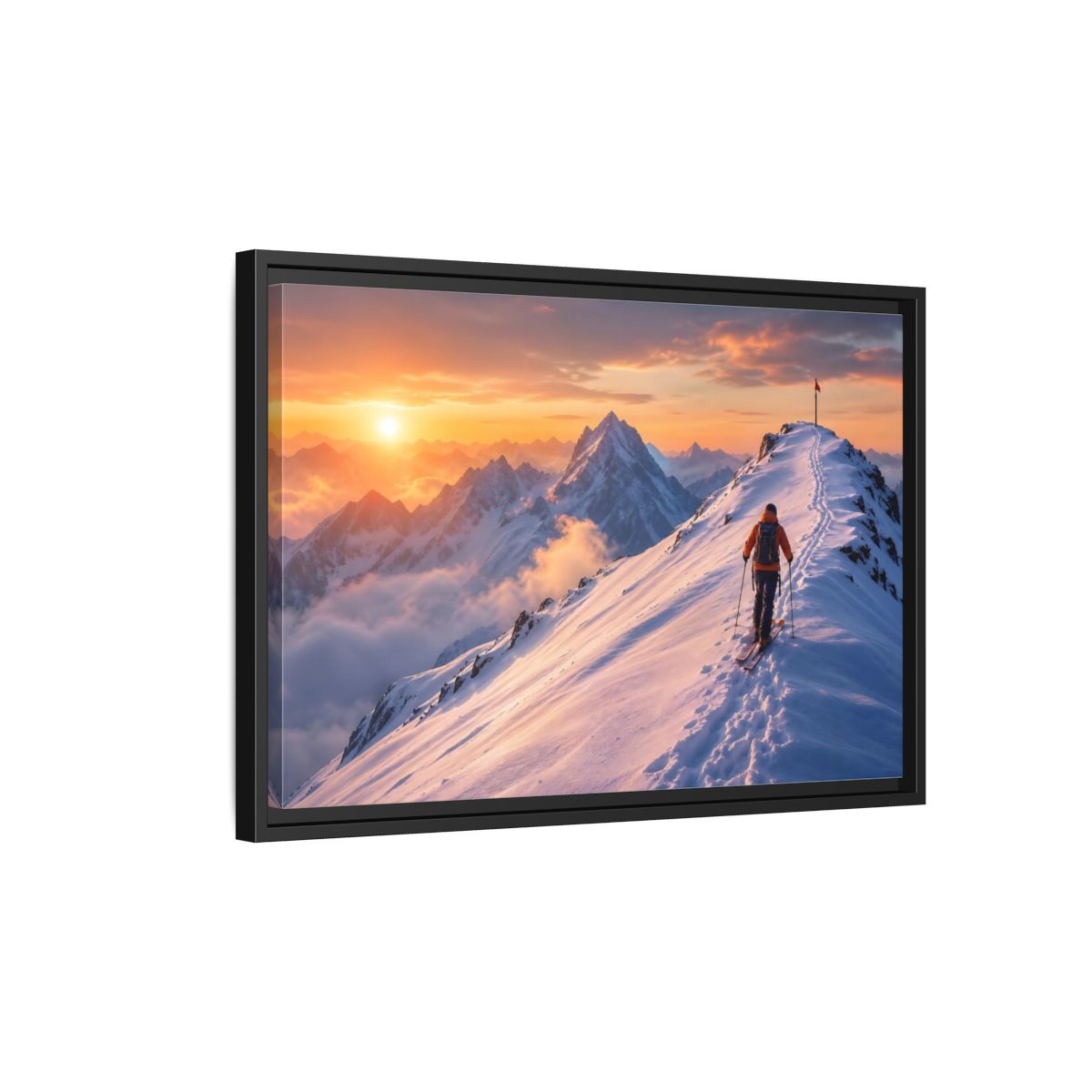 Side Mockup 3. Nature Mountain Skier Orange And White Mountains shown as framed canvas print