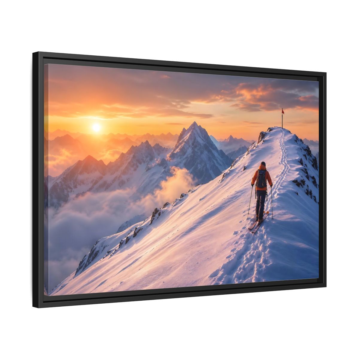 Side Mockup 14. Nature Mountain Skier Orange And White Mountains shown as framed canvas print
