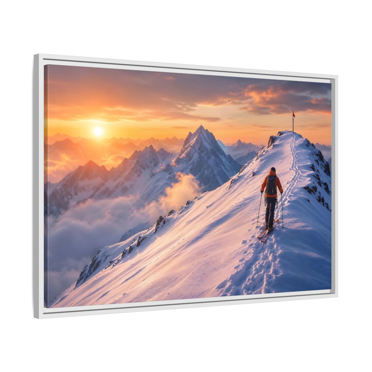 Side Mockup 9. Nature Mountain Skier Orange And White Mountains shown as framed canvas print