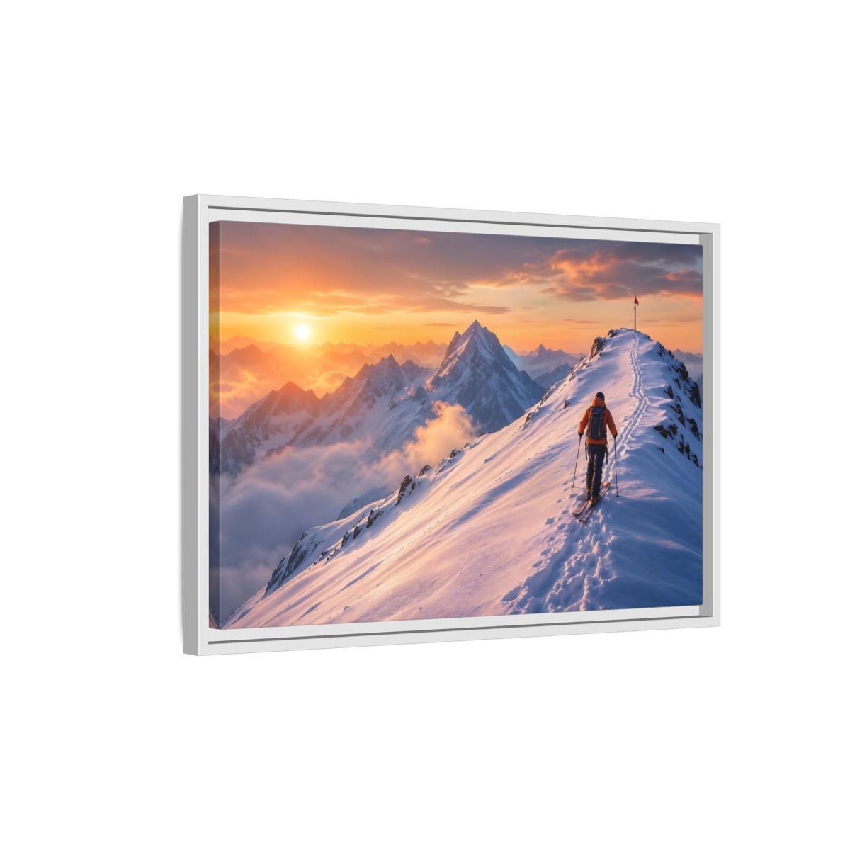 Side Mockup 1. Nature Mountain Skier Orange And White Mountains shown as framed canvas print