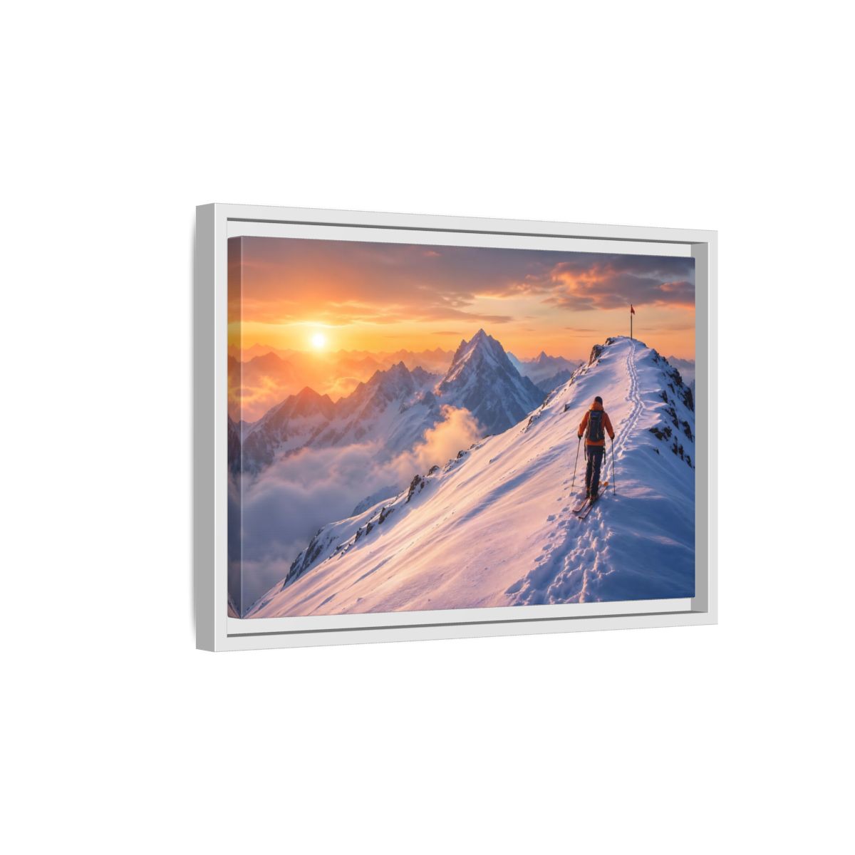 Side Mockup 4. Nature Mountain Skier Orange And White Mountains shown as framed canvas print