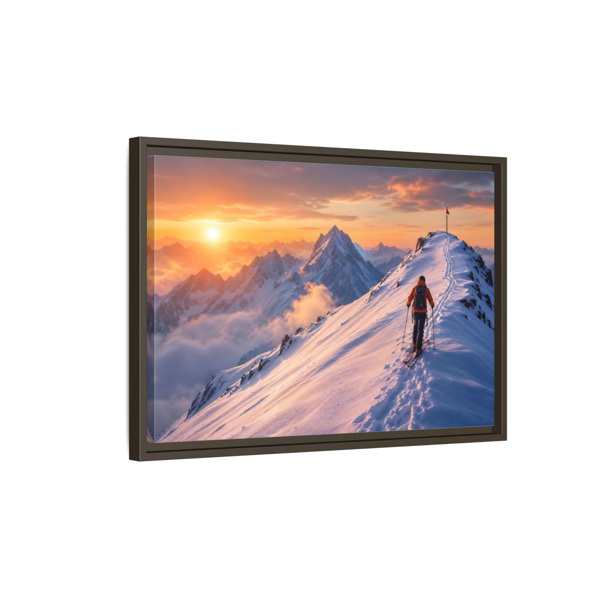 Side Mockup 2. Nature Mountain Skier Orange And White Mountains shown as framed canvas print