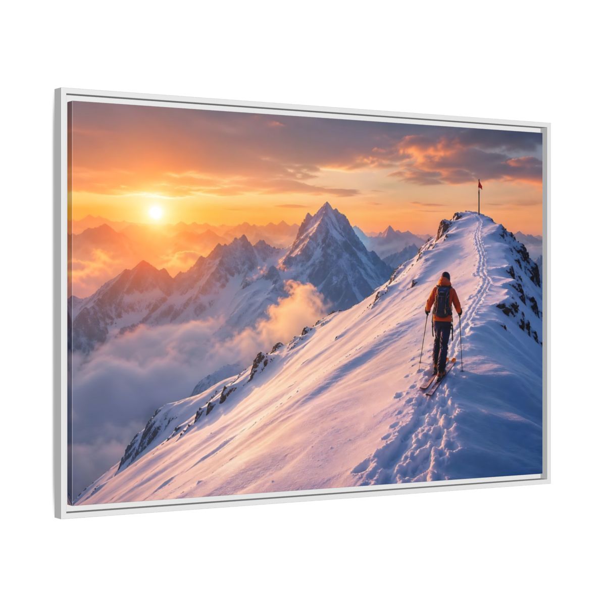 Side Mockup 7. Nature Mountain Skier Orange And White Mountains shown as framed canvas print