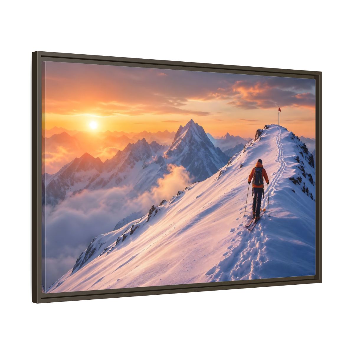 Main Mockup. Nature Mountain Skier Orange And White Mountains shown as framed canvas print