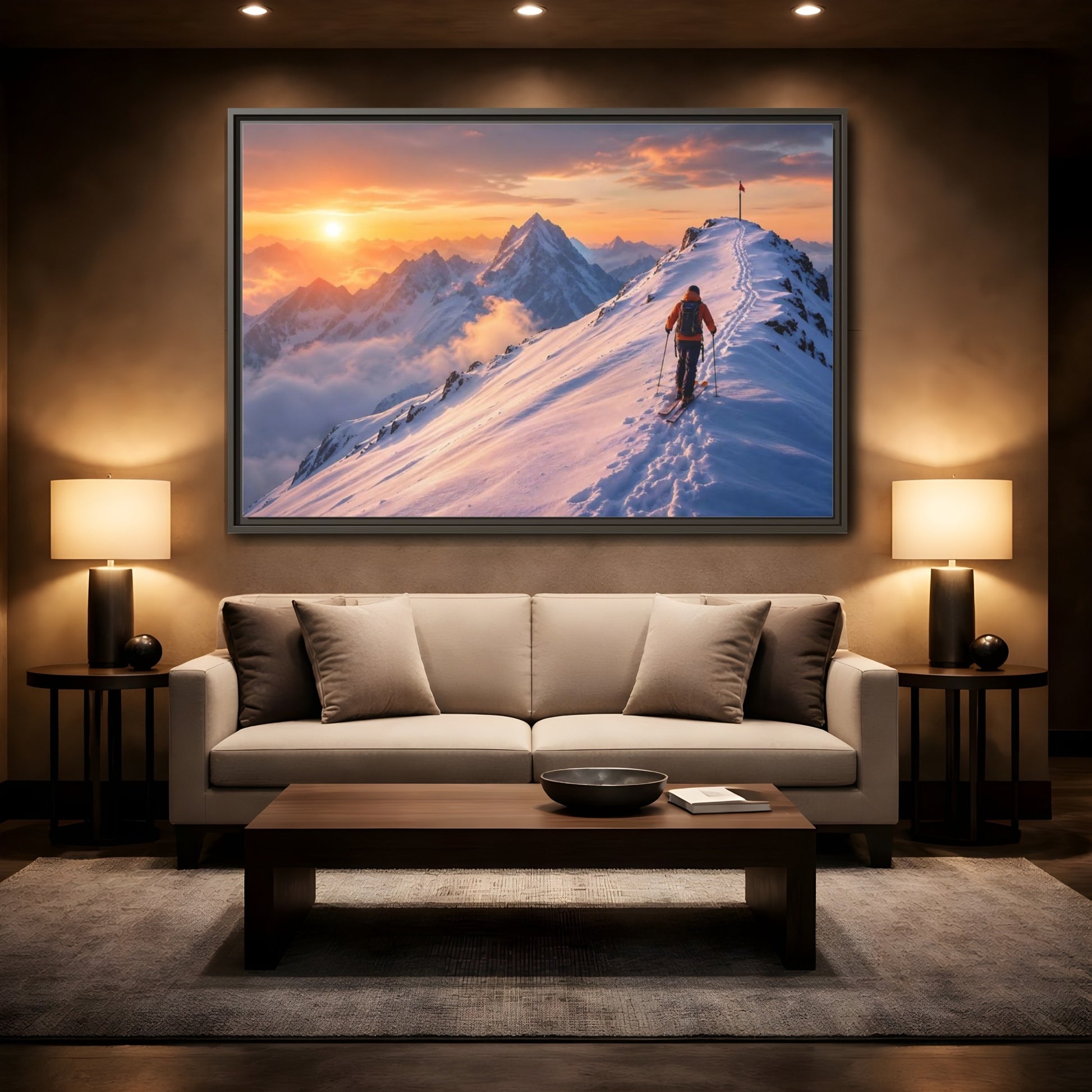 Mockup 2. Nature Mountain Skier Orange And White Mountains shown as framed canvas print