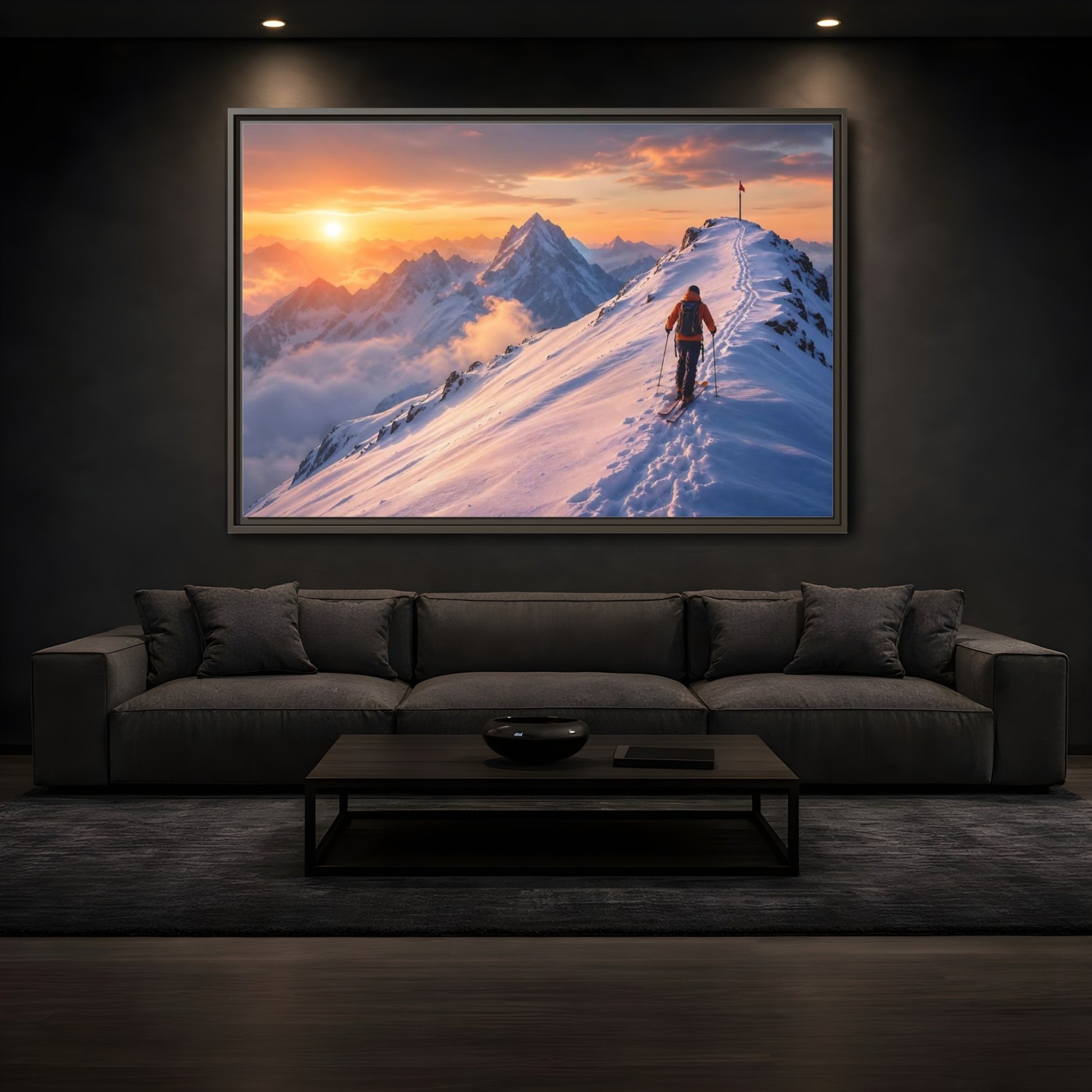 Mockup 3. Nature Mountain Skier Orange And White Mountains shown as framed canvas print