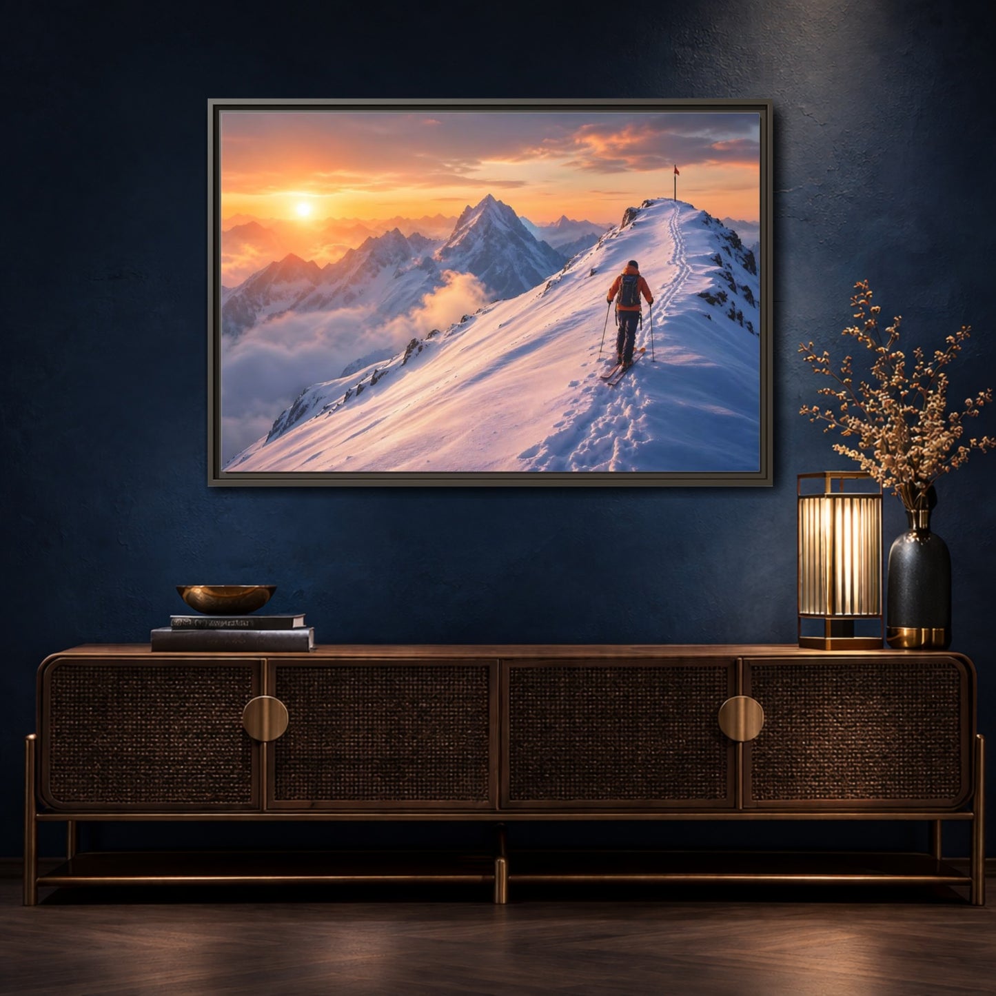 Mockup 4. Nature Mountain Skier Orange And White Mountains shown as framed canvas print