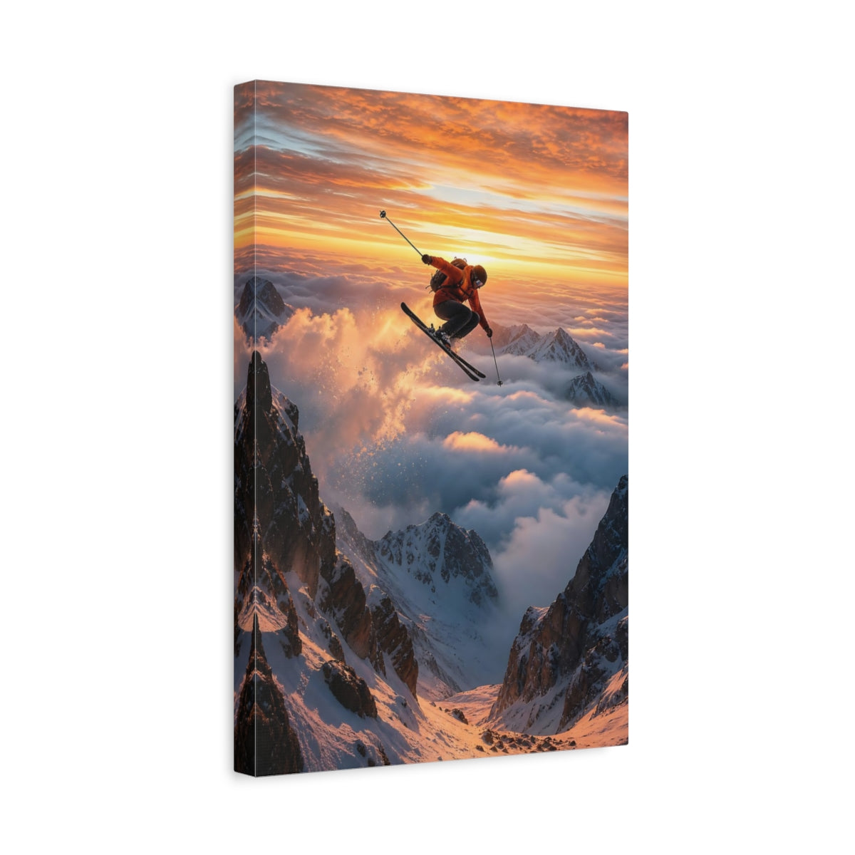 Nature Mountain Skier Orange Sky Canvas Wall Art Print - Living Room Decor shown as canvas wall art